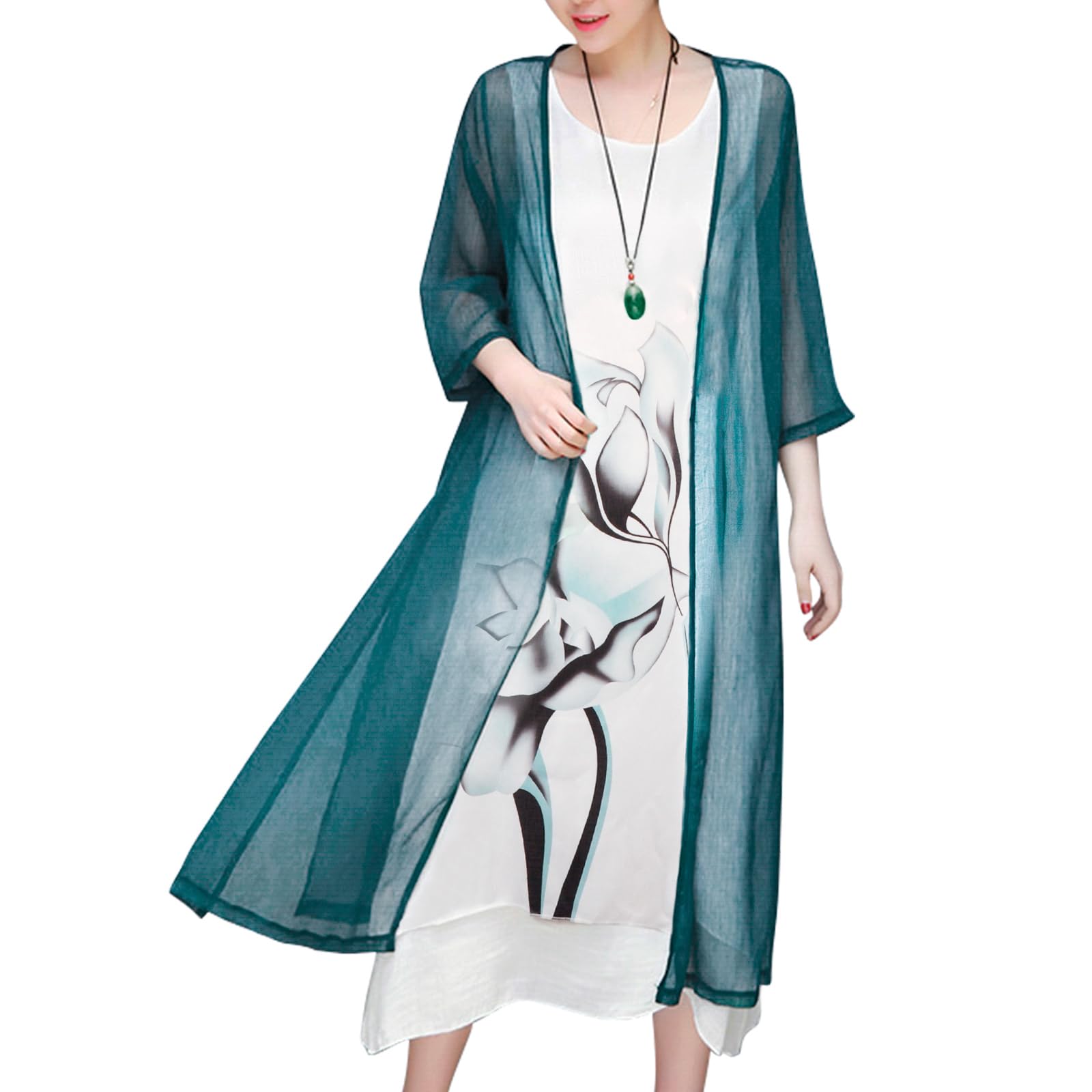 Honwenle Women's 2-Piece Linen Outfit - Floral Sleeveless Maxi Dress with Jacket for Plus Size | Summer Formal & Casual Wear | Perfect for Beach Vacations, Office Wear, and Date Nights