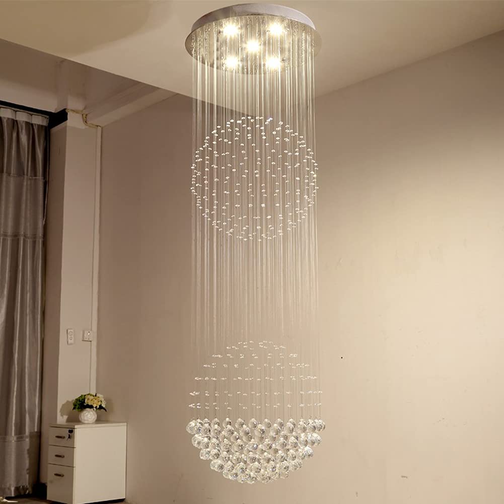 Modern K9 Crystal Raindrop Chandelier Pendant Light - Chrome Silver Round Sphere Flush Mount LED Ceiling Lamp (5-Lights, D20