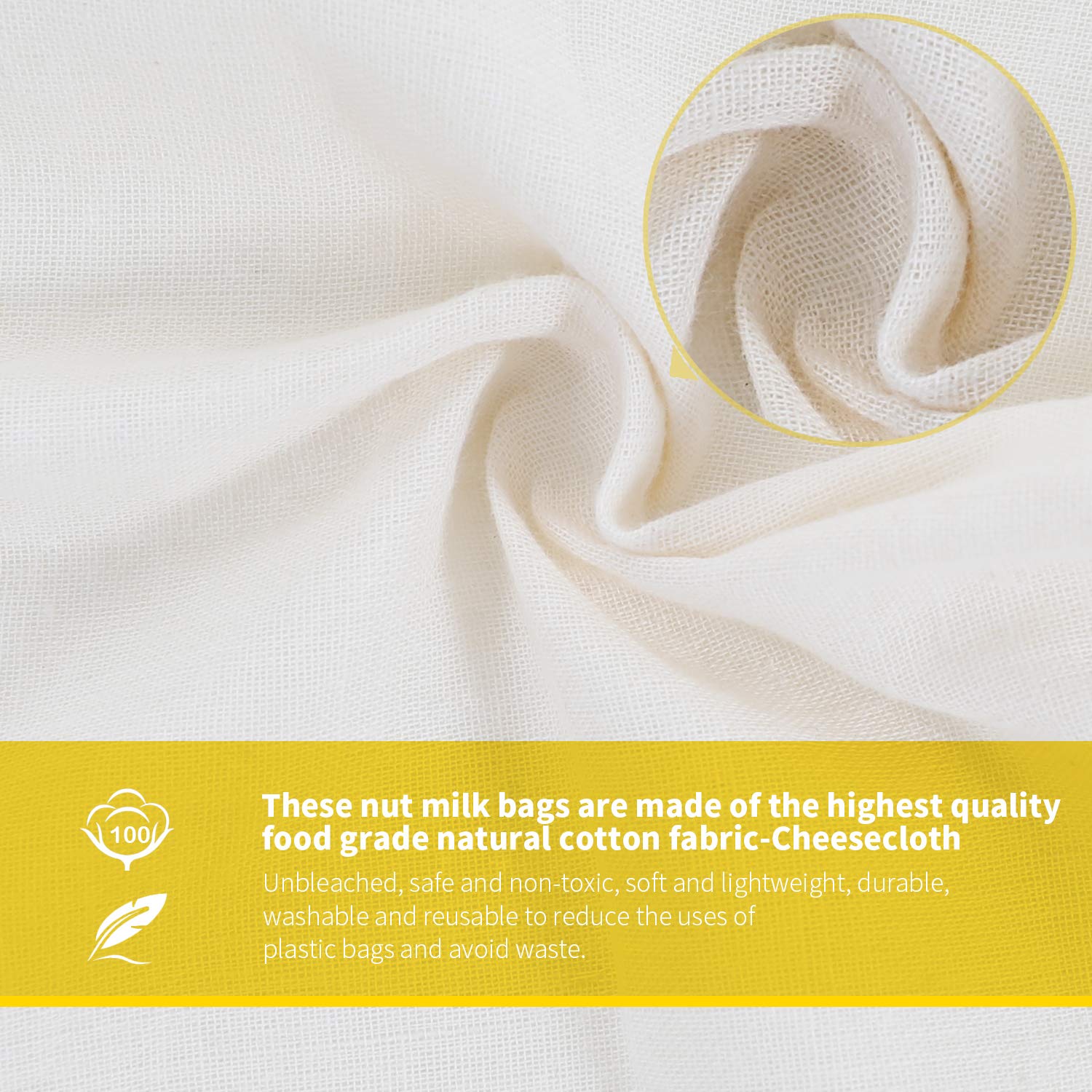Organic Nut Milk Bags (Upgraded 90x88 Weave) - 2 Pack Unbleached Cotton Cheesecloth Bags 12
