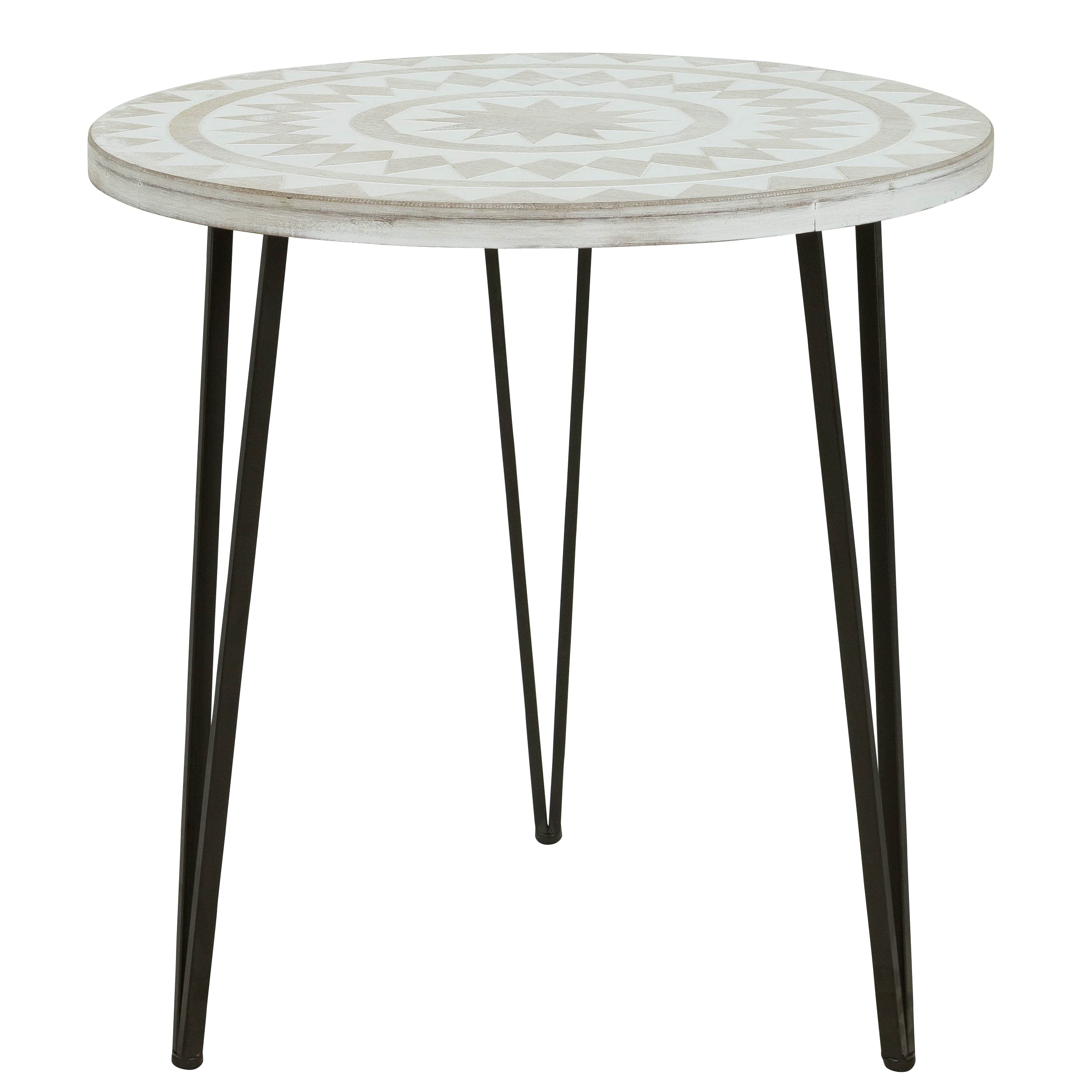 Anthea Bohemian Accent End Tables - Beige Wooden Side Table with Carved Details for Living Room, Bedroom, or Office Decor