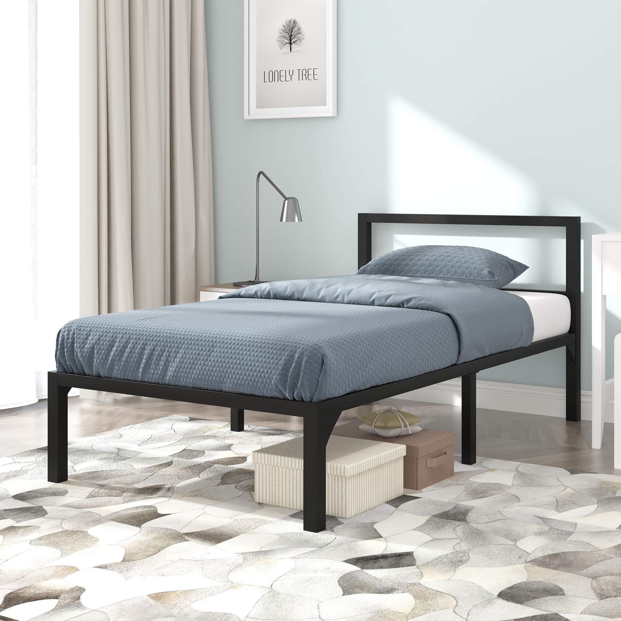YITAHOME Twin Metal Bed Frame with Headboard - 14 Inch Sturdy Wooden Slat Platform Bed, No Box Spring Needed, Modern Black Mattress Foundation for Bedroom, Guest Room or Dorm