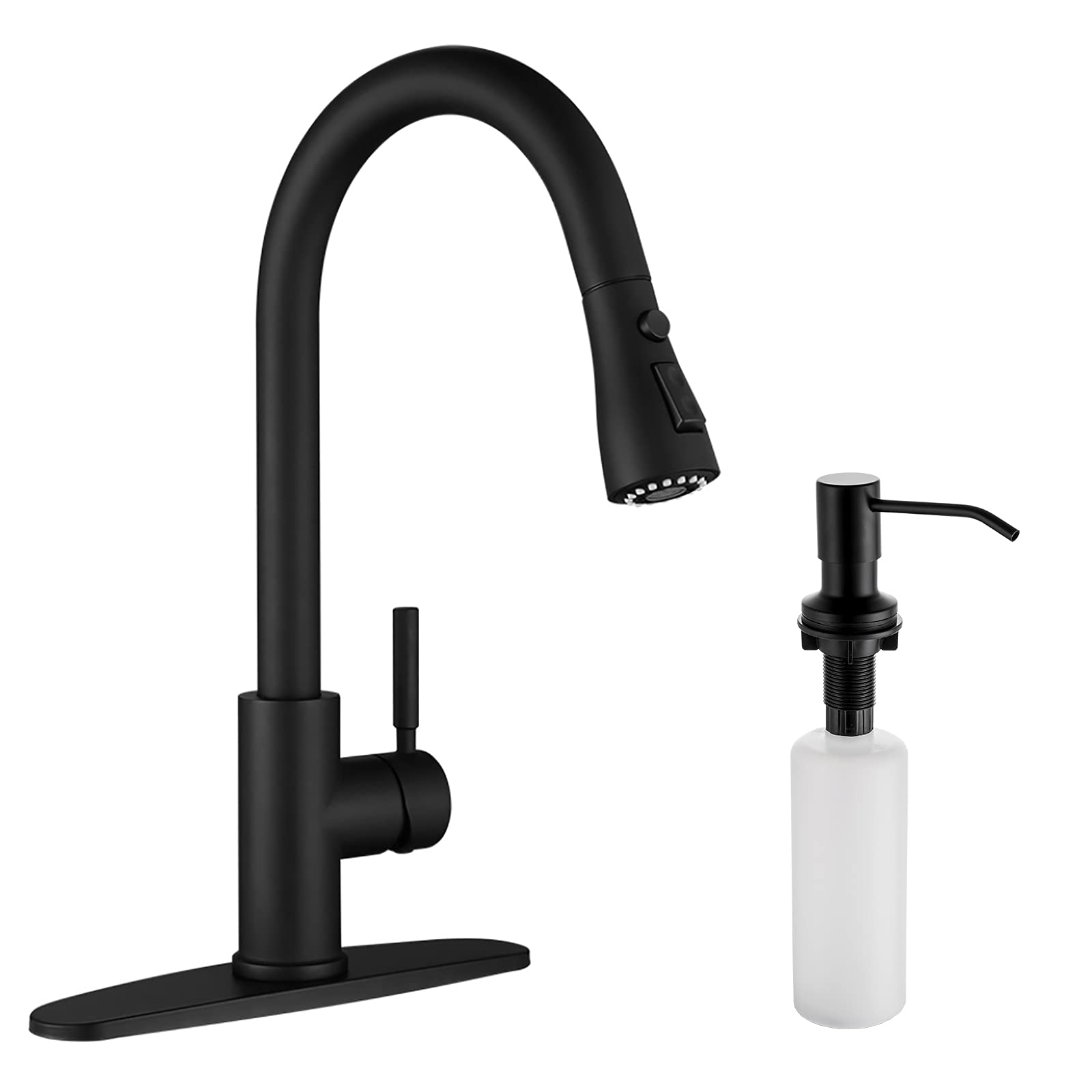 WEWE Commercial Stainless Steel Single Handle Black Kitchen Faucet with Pull Down Sprayer and Soap Dispenser for Modern Kitchen Sinks