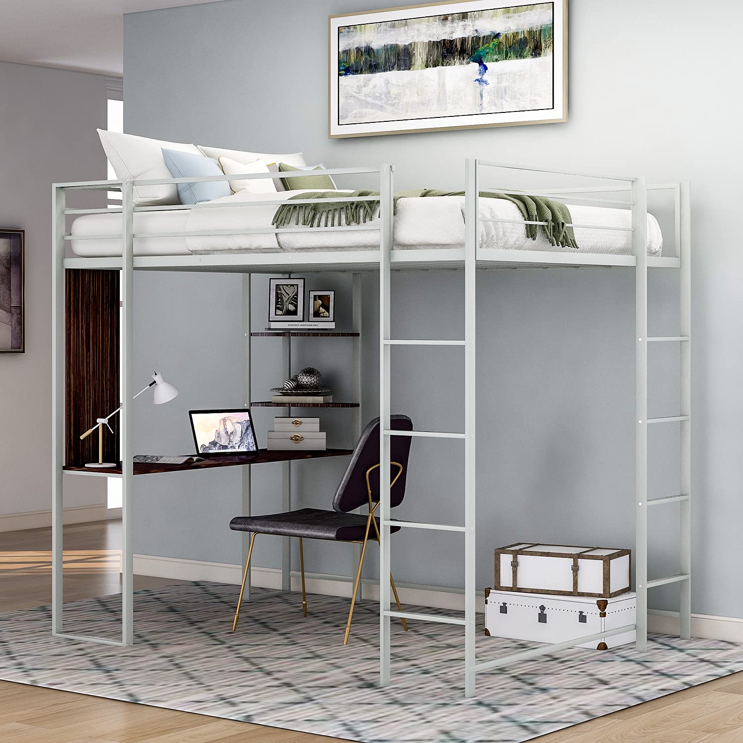 Harper & Bright Designs Twin Size Metal Loft Bed with Shelves & Desk - Sturdy Loft Bed Frame with Dual Ladders & Safety Rails for Kids, Teens & Adults - Space-Saving Study & Sleep Solution (No Box Spring Needed, Silver) - Perfect for Small Bedrooms, Dorms & Studio Apartments