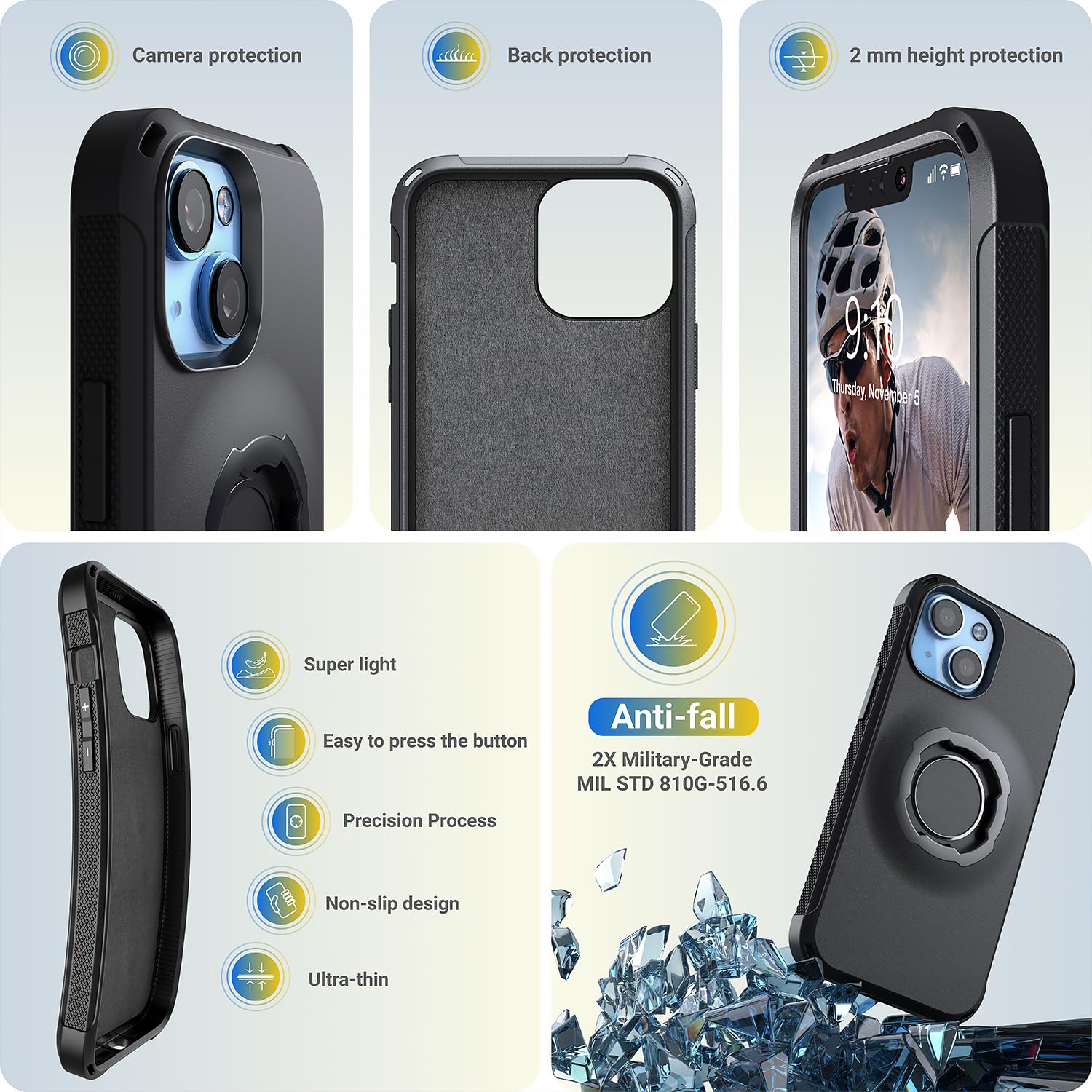 Durable Shockproof Lock Protective Case for iPhone 13 & 14 - Slim Fit Anti-Scratch Cover with Precise Cutouts (Black) | Perfect for Outdoor Activities, Travel & Daily Protection