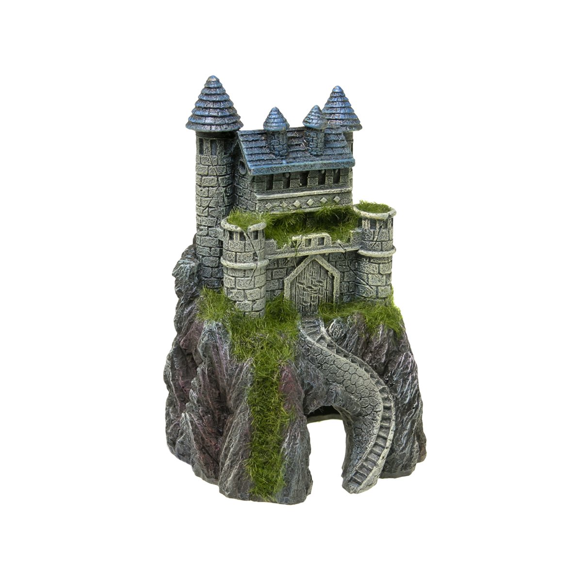 Blue Ribbon EE-1123 Mountain Top Castle Aquarium Ornament with Moss - Fantasy Fish Tank Decoration for Betta, Goldfish & Tropical Aquariums - Perfect for Underwater Scenery & Aquatic Displays