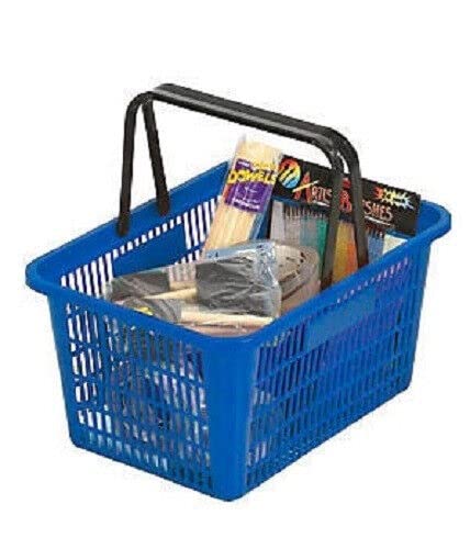 12-Pack Durable Blue Plastic Shopping Baskets with Metal Stand - Break-Resistant Retail Store Baskets for Supermarkets, Farmers Markets & Boutique Stores