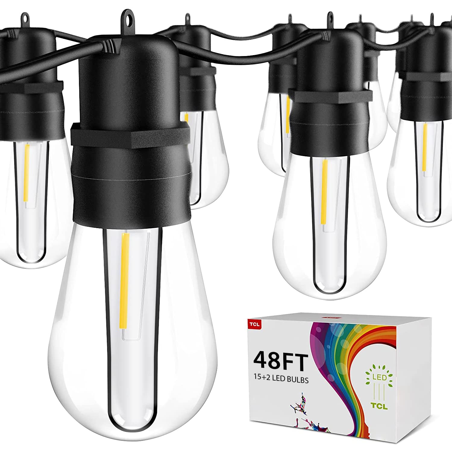TCL 48FT LED Outdoor String Lights with 15+2 Shatterproof S14 Bulbs - ETL Listed IP65 Waterproof Patio Lights for Backyard, Garden, Cafe & Outdoor Decor | Perfect for Parties, Weddings & Restaurant Lighting