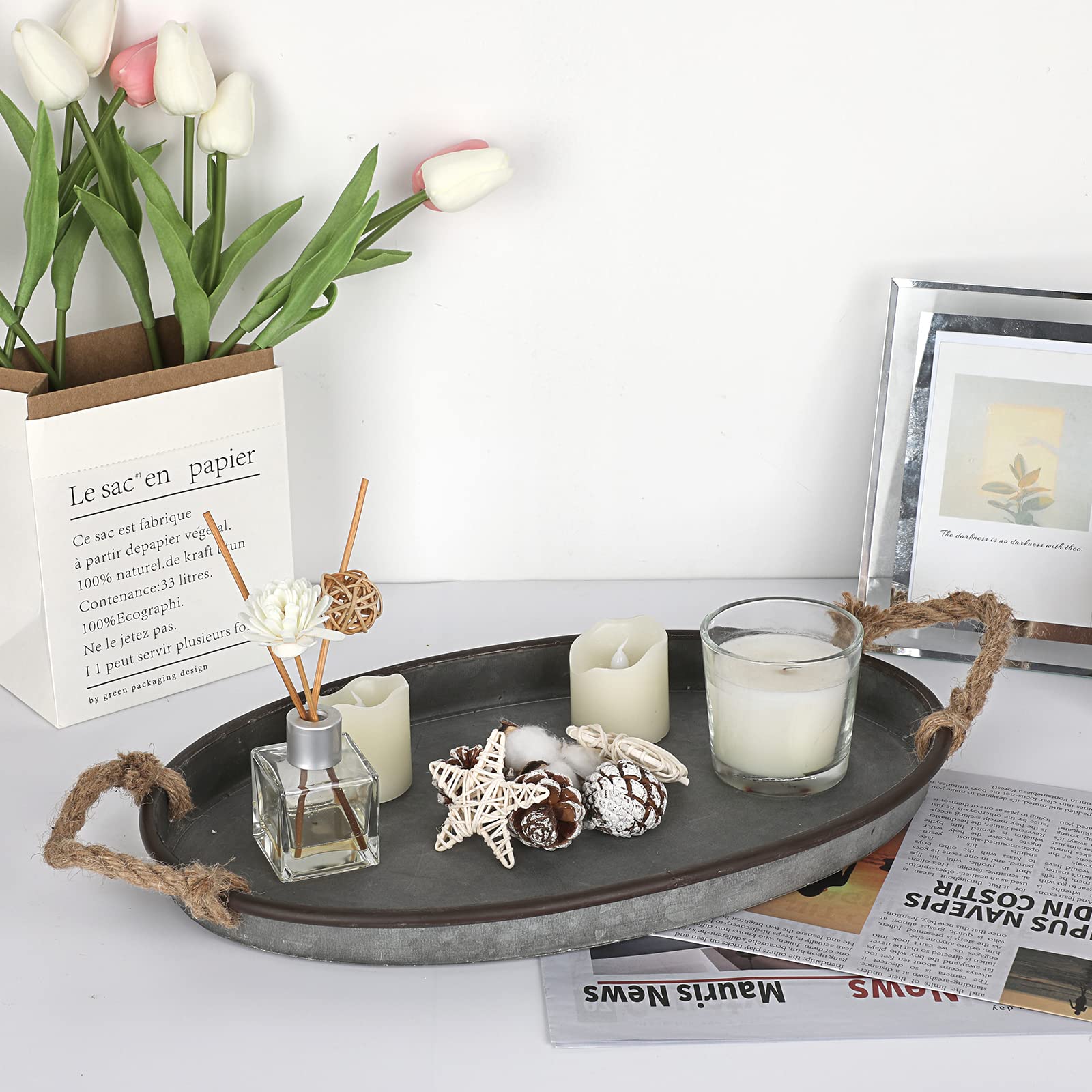 Galvanized Metal Oval Serving Tray with Rope Handle - Rustic Farmhouse Decor for Coffee Table, Weddings & Parties - Large Industrial Centerpiece for Home, Kitchen & Event Decorations