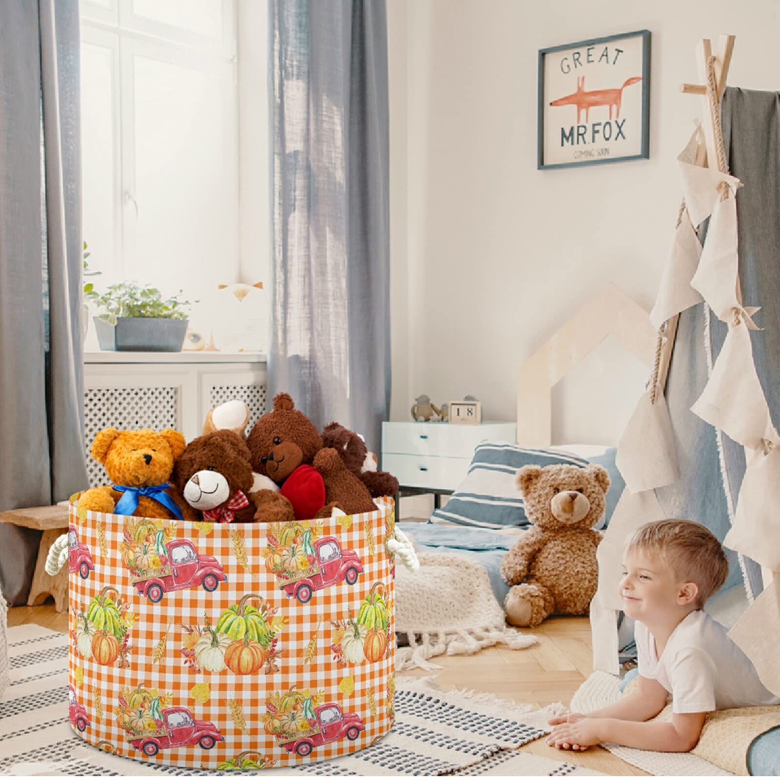 Visesunny Red Harvest Truck Print Collapsible Fabric Storage Basket - Autumn Seasonal Vegetable Pattern Laundry Bin for Clothes, Toys & Organizing - Perfect for Bathroom, Bedroom & Kids Room Storage Solutions