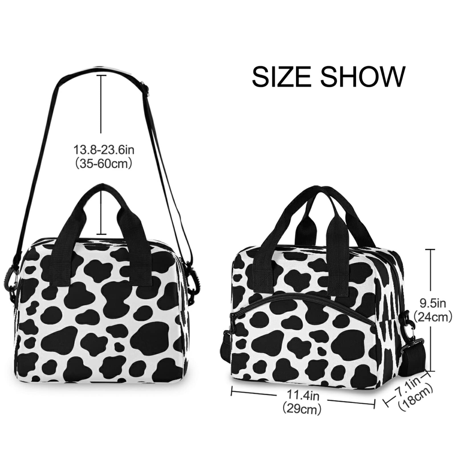 Insulated Reusable Lunch Bag with Cow Print - Eco-Friendly Cooler Tote for Women, Men & Kids - Perfect for School, Office, Picnic & Travel - Black Zippered Lunch Box Organizer