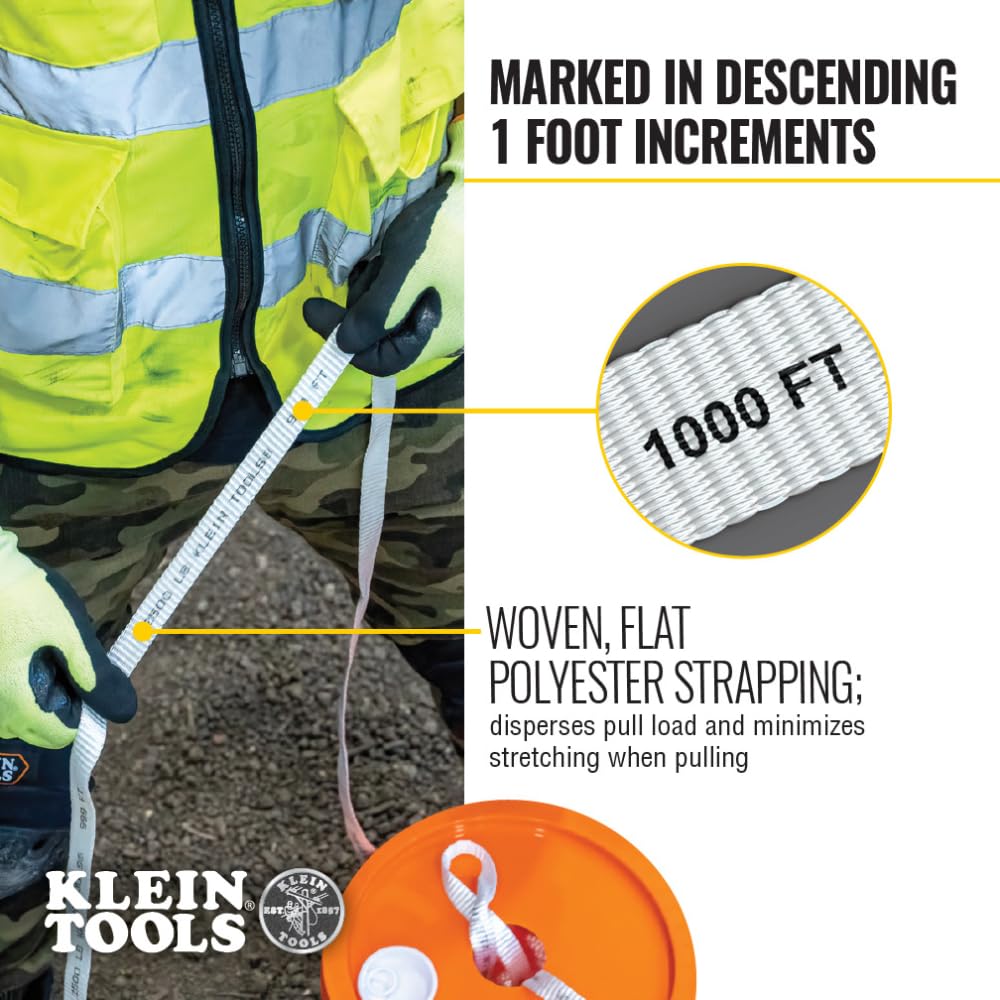 Klein Tools 50131 1800-Pound x 1300-Foot Heavy-Duty Conduit Measuring Pull Tape - Mule Tape for Cable & Wire Pulling | Ideal for Electricians, Construction & Industrial Wiring Projects