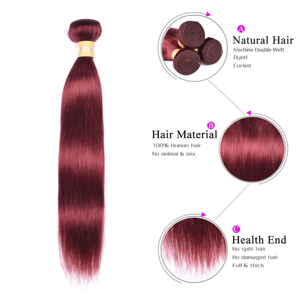 WOME Light Wine Red Hair Extensions - 3 Bundles Peruvian Virgin Human Hair #33 Silky Straight Wefts (12