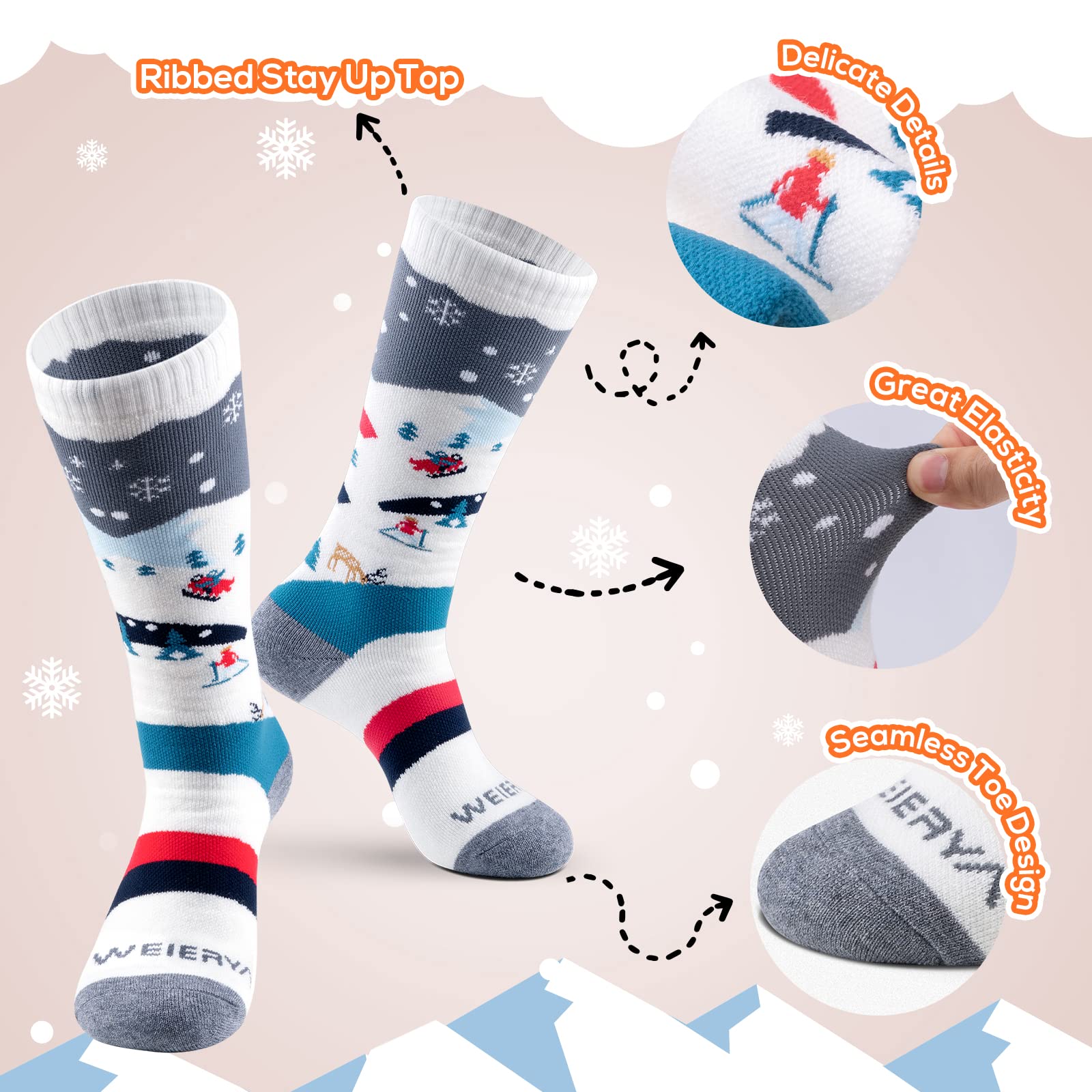 Kids Ski Socks - Premium Merino Wool Winter Socks for Boys & Girls - Warm Knee-High Snow Socks for Skiing, Snowboarding & Cold Weather (1/3 Pairs)