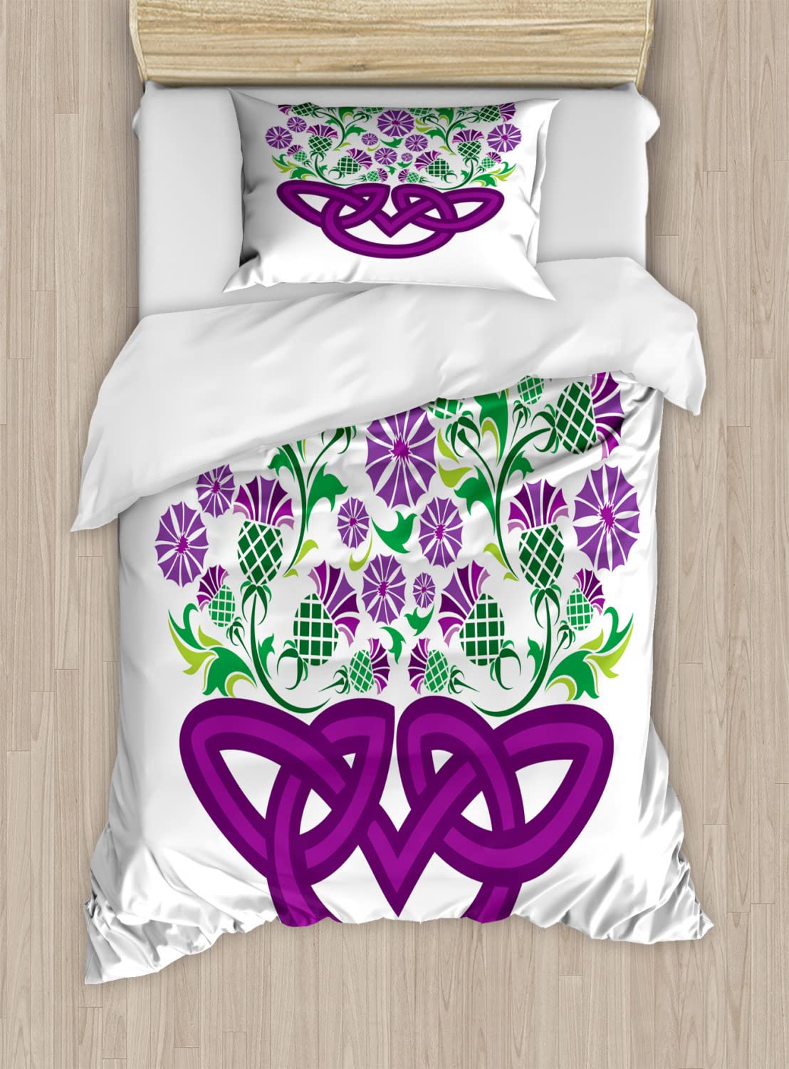 Ambesonne Thistle Duvet Cover Set - King Size 2-Pack with Celtic Knot & Floral Basket Design | Shamrock Green & Violet Bedding Includes 2 Duvet Covers & 4 Pillowcases | Perfect for St. Patrick's Day Decor, Irish-Themed Bedrooms & Cozy Guest Room Makeovers