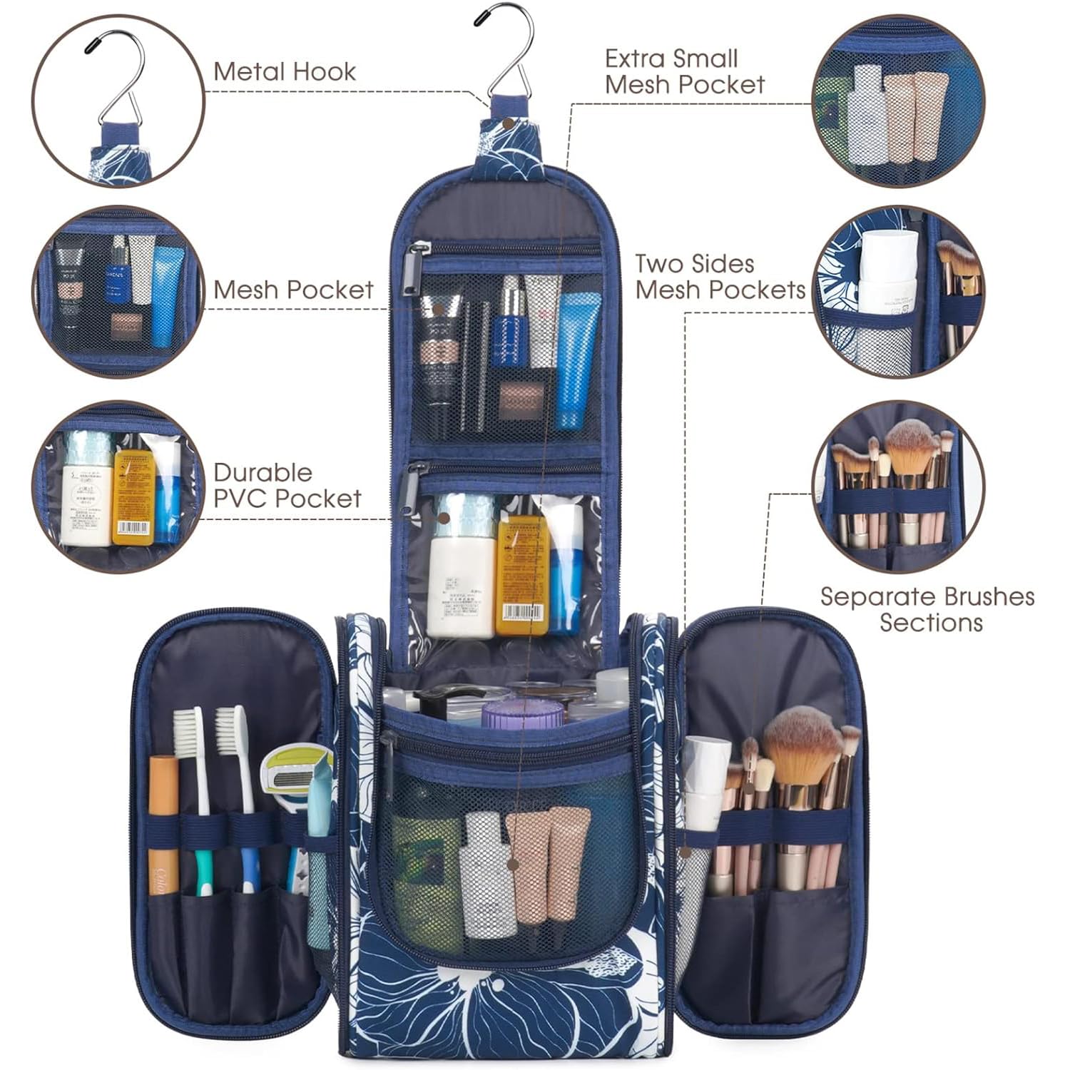 Narwey Small Hanging Travel Toiletry Bag - Waterproof Cosmetic Makeup Organizer for Women & Men - Perfect for Bathroom, Gym, Camping Trips (Medium, Blue Lotus)