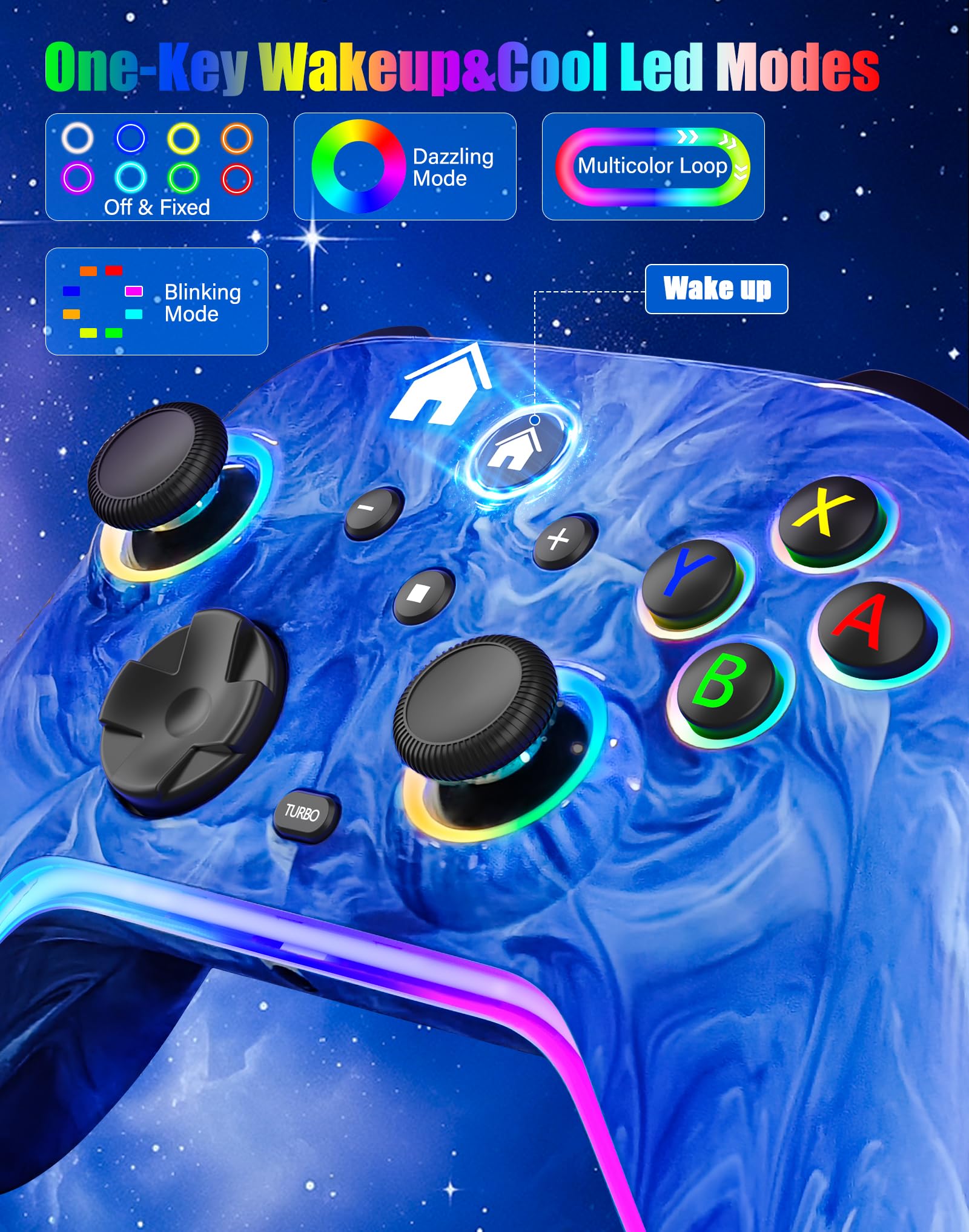 Wireless Nintendo Switch Pro Controller - Compatible with Switch, Switch Lite & OLED, 1200mAh Rechargeable Gamepad with RGB LED Lights, 6-Axis Gyro, Turbo, Motion Controls - Perfect for Gaming, Multiplayer & Long Play Sessions (Blue)