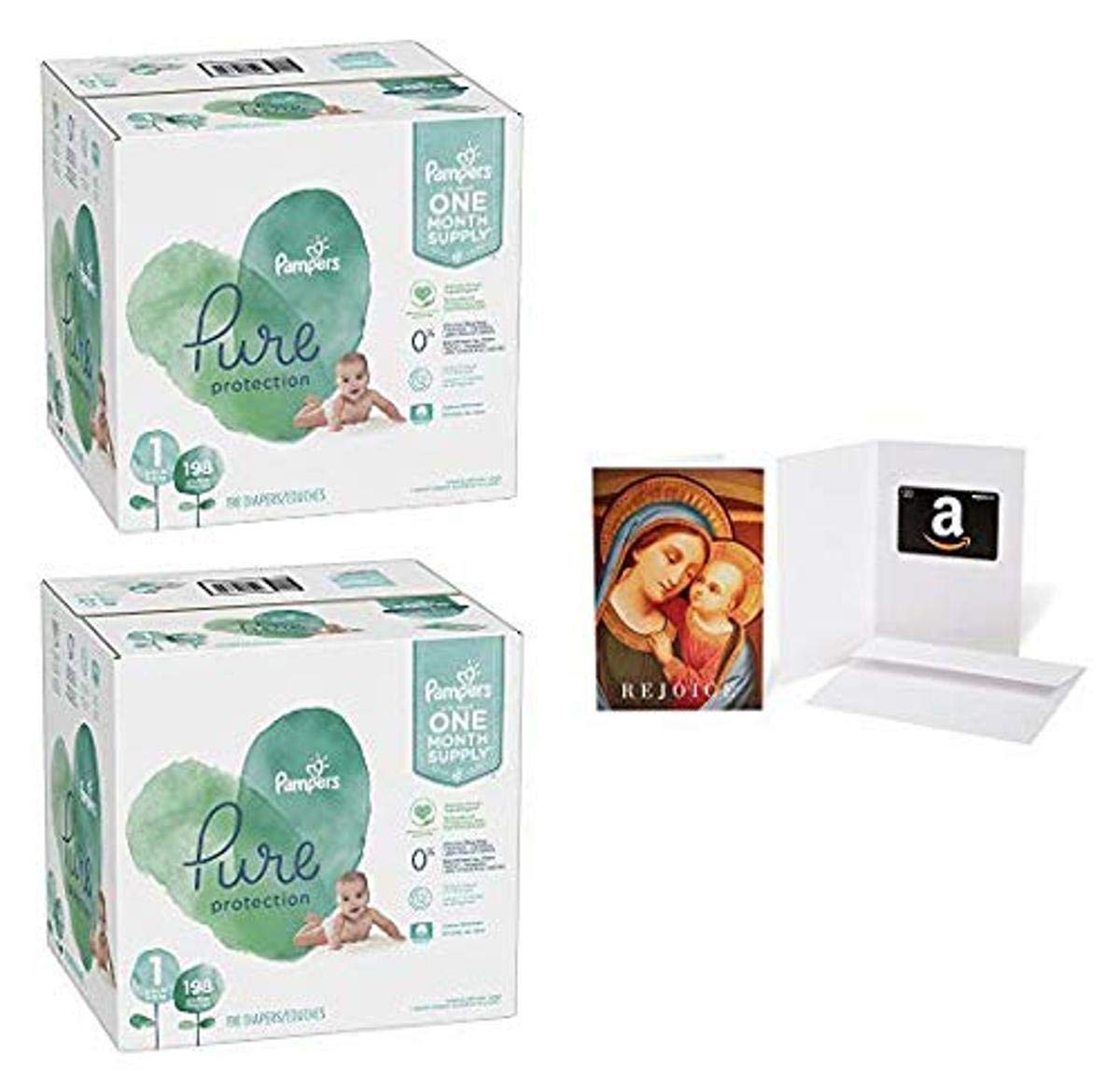 Pampers Pure Hypoallergenic Baby Diapers Size 1 (198 Count) - Fragrance Free Disposable Diapers for Newborns - 2 Pack with $20 Amazon Gift Card in Madonna with Child Greeting Card - Perfect for Baby Showers, New Parents & Everyday Diaper Needs