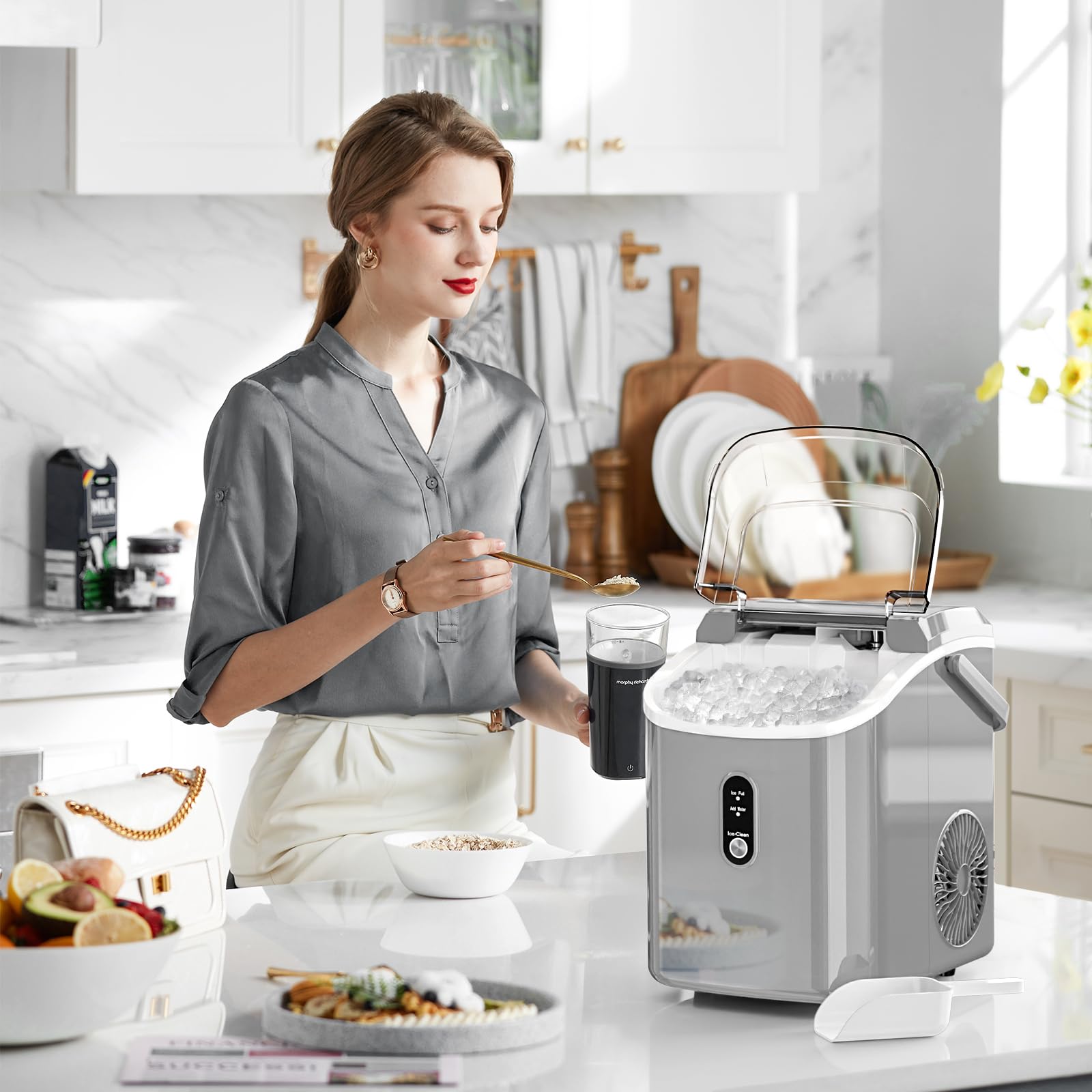 AGLUCKY Countertop Nugget Ice Maker 35lbs/24H, Portable Pebble Ice Machine with Handle & Self-Cleaning, Pellet Ice Maker for Home Kitchen Office - Perfect for Cocktails, Sodas & Beverages (Grey)