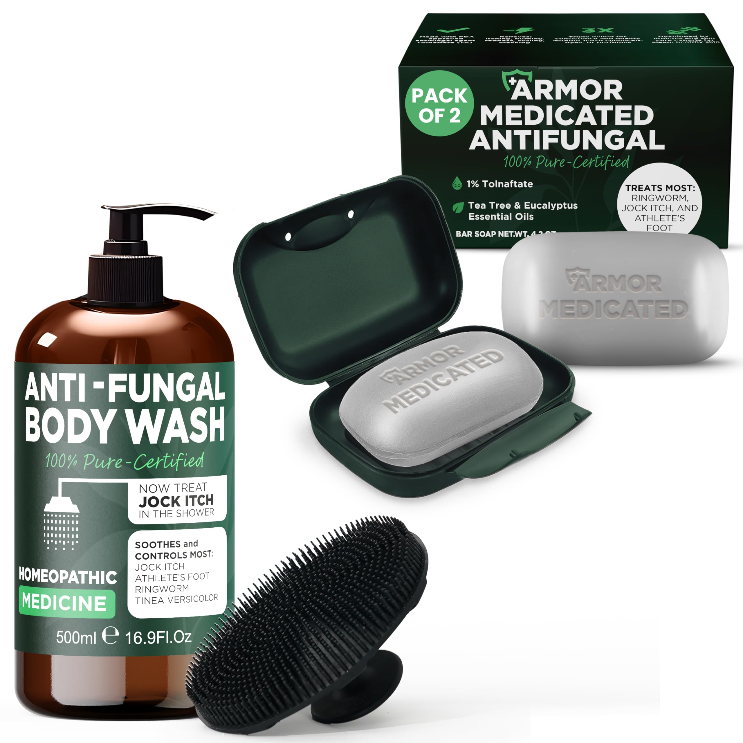 Antifungal Body Wash & Medicated Soap with Tea Tree Oil - Treats Jock Itch, Ringworm & Athlete's Foot | Antibacterial Deep Cleansing Soap for Back Acne & Skin Irritation | Includes Exfoliating Scrubber | Ideal for Gym, Sports & Daily Hygiene