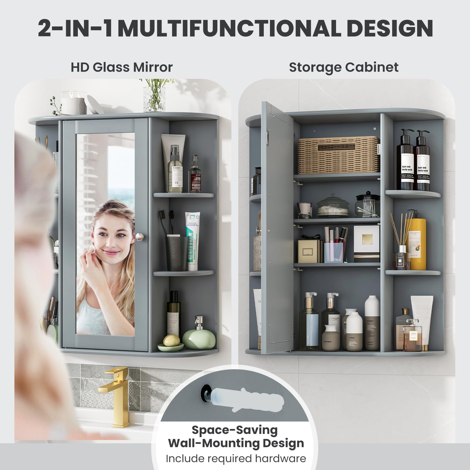 Tangkula Wall Mounted Bathroom Medicine Cabinet with Mirror Door - Adjustable Shelves, Removable Storage for Bathroom, Living Room & Laundry Room - Space Saving Grey Wooden Cabinet (Perfect for Small Spaces & Organized Storage)