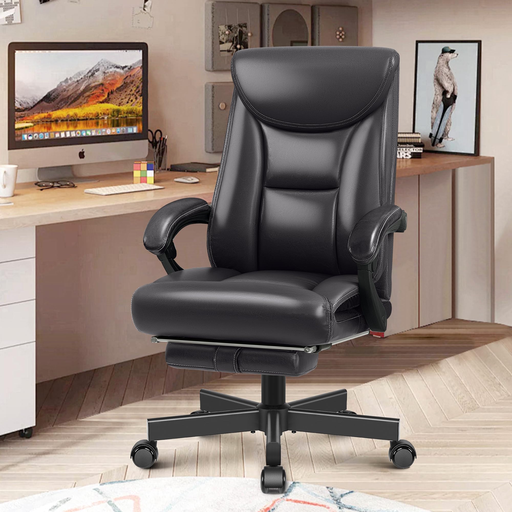 Premium Ergonomic Office Chair for Big and Tall - High Back Executive Leather Desk Chair with Lumbar Support, Swivel Base & Wheels - Home Office Computer Chair with Footrest (Glossy Black) - Perfect for Long Work Hours & Gaming Sessions