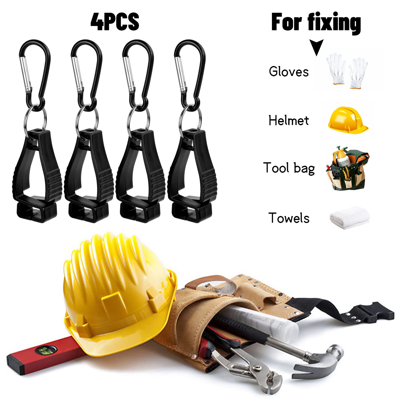 Focenat 4-Pack Black Work Glove Clips with Metal Belt Clip - Non-Slip Glove Holder for Construction, Safety Helmets & Tool Belts | Durable Glove Keeper for Work, Gardening & Outdoor Activities