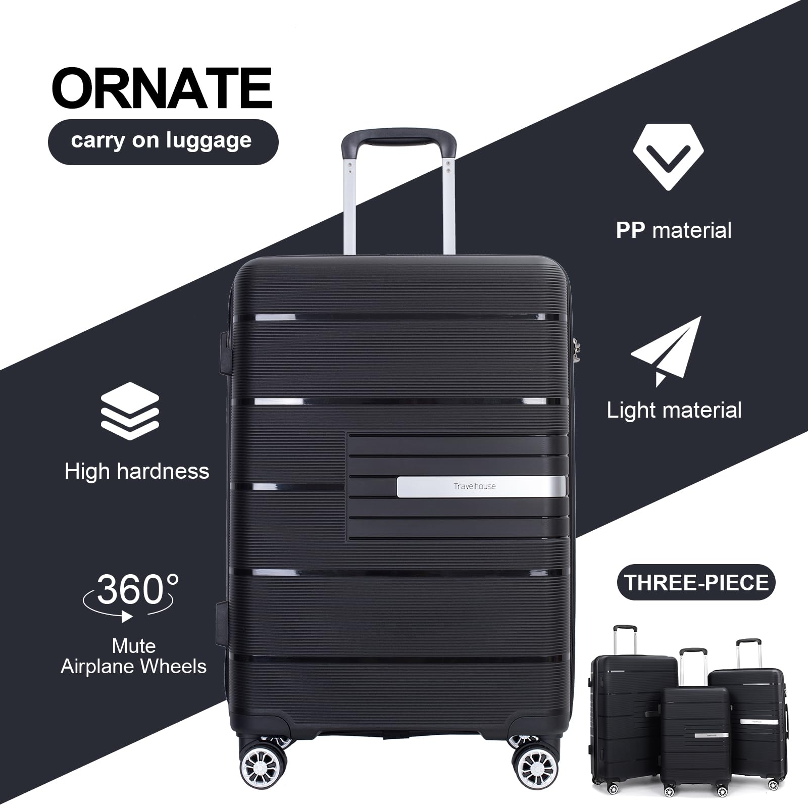 3-Piece Lightweight Hardside Luggage Set with Double Spinner Wheels & TSA Lock (20/24/28 Inch, Black) – Perfect for Air Travel, Business Trips, and Family Vacations
