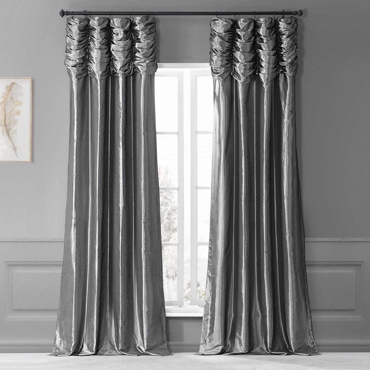Graphite Ruched Solid Faux Silk Taffeta Blackout Curtains for Bedroom - Elegant Light Blocking Window Drapes for Home Decor & Privacy