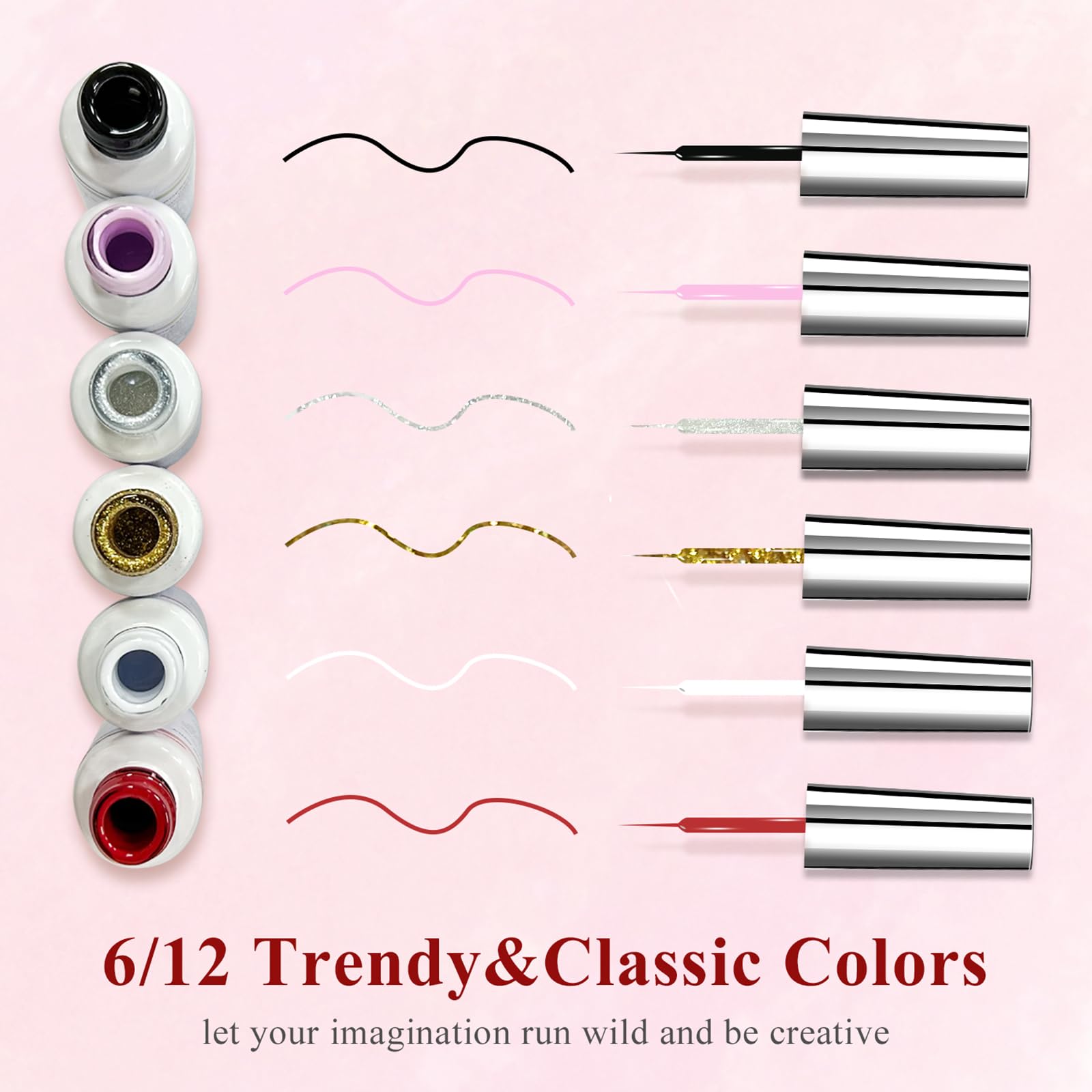 6-Piece Nail Art Liner Set - Black, White, Red, Gold & Silver Glitter Gel Polish with Thin Brush - Soak Off LED Lamp Gel Liner for Professional Manicures & Nail Designs - Perfect for Salon, Home Use & DIY Nail Art