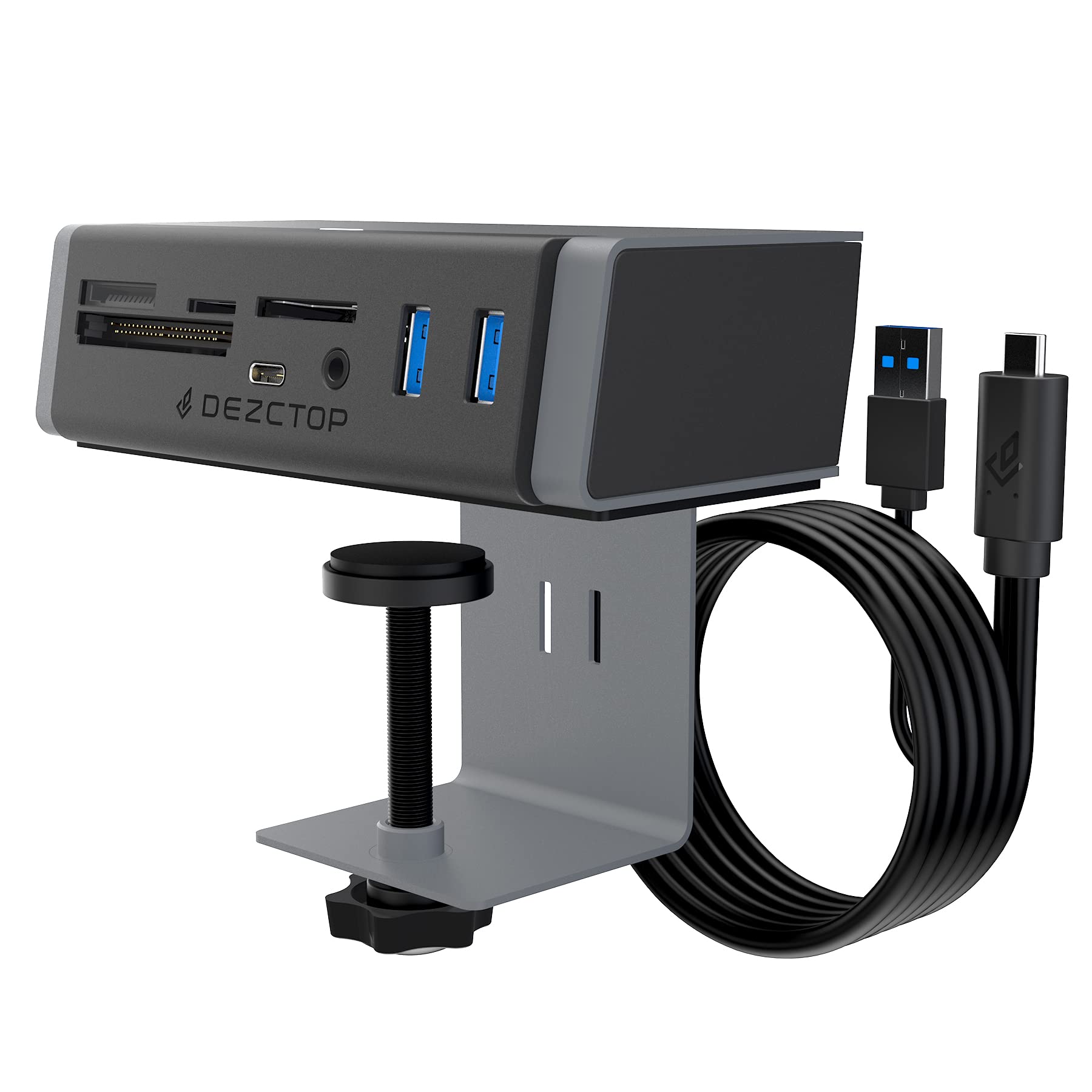 DEZCTOP USB 3.2 Gen 2 7-in-1 Clamp Hub with SD/TF Card Reader, 10Gbps High Speed Data Transfer, 4.92ft USB-C to USB-A Adapter - Compatible with MacBook, Windows & Linux Laptops for Office, Gaming & Home Use