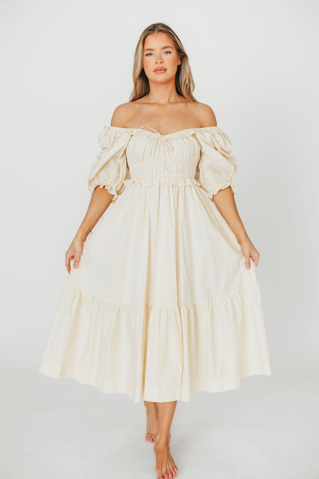 100% Cotton Crissy Ruched Midi Dress in Cream - Bump Friendly Maternity Dress for Pregnancy & Nursing | Perfect for Baby Showers, Date Nights & Special Occasions
