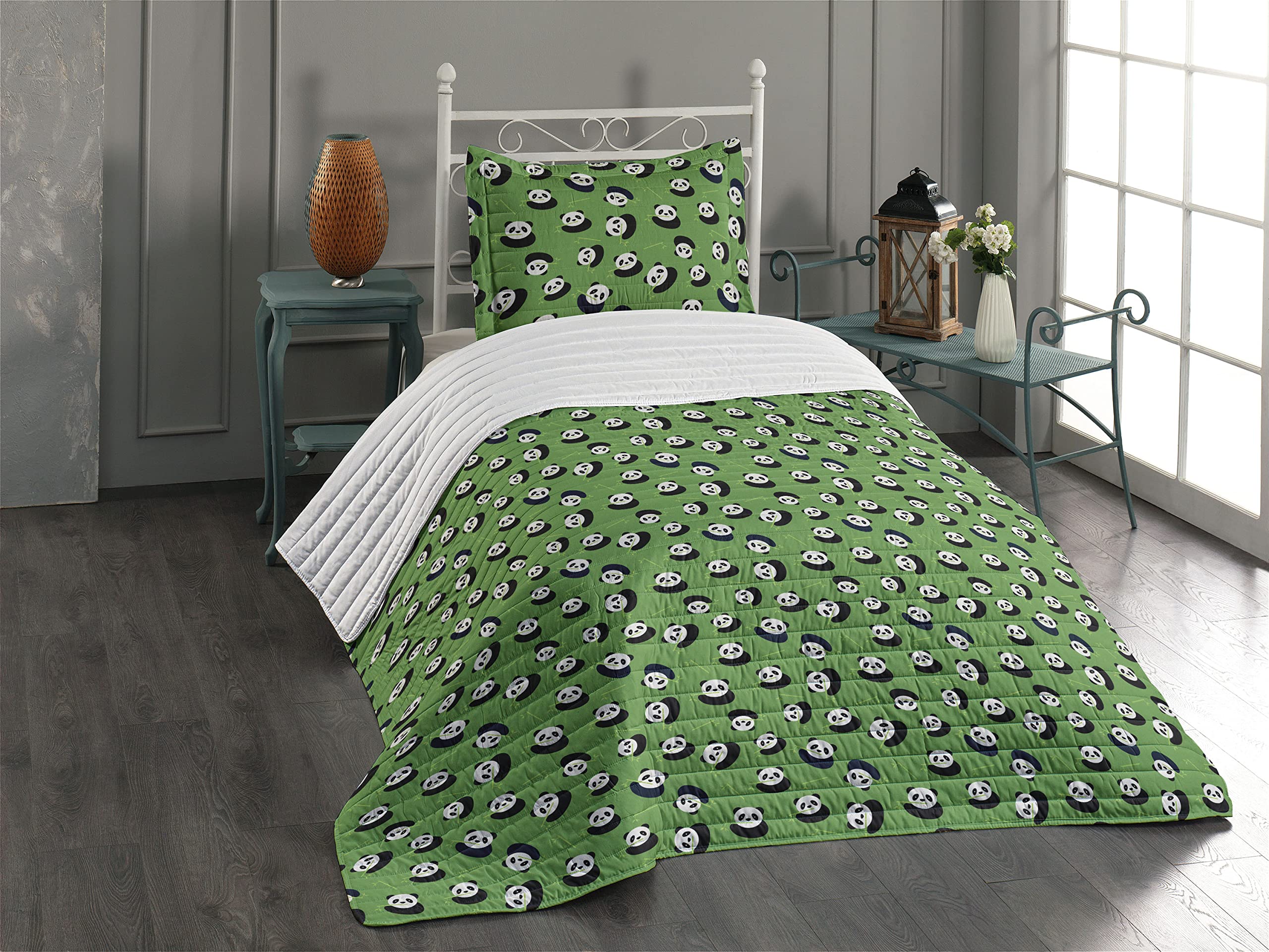 Lunarable Panda Microfiber Bedspread Set - Cartoon Asian Bear Animal Eating Branches Nature Wildlife Design, Soft Twin Size Bedding with Pillow Shams & Comforter in White Black Green - Perfect for Kids' Rooms, Wildlife Themed Decor, and Cozy Bedroom Makeovers