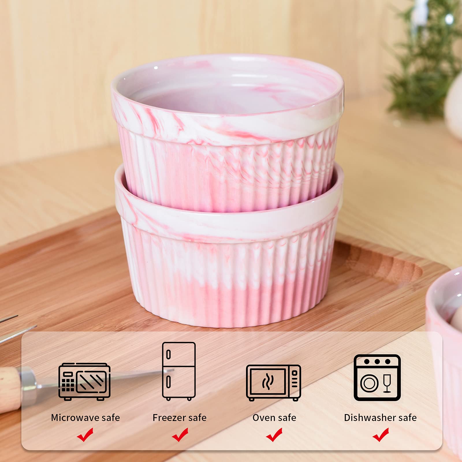 Yundu 8oz Pink Marble Ceramic Ramekins - Oven Safe Baking Bowls for Creme Brulee, Souffle, Desserts (Set of 6) | Perfect for Home Baking, Kitchen Decor & Elegant Dinner Parties