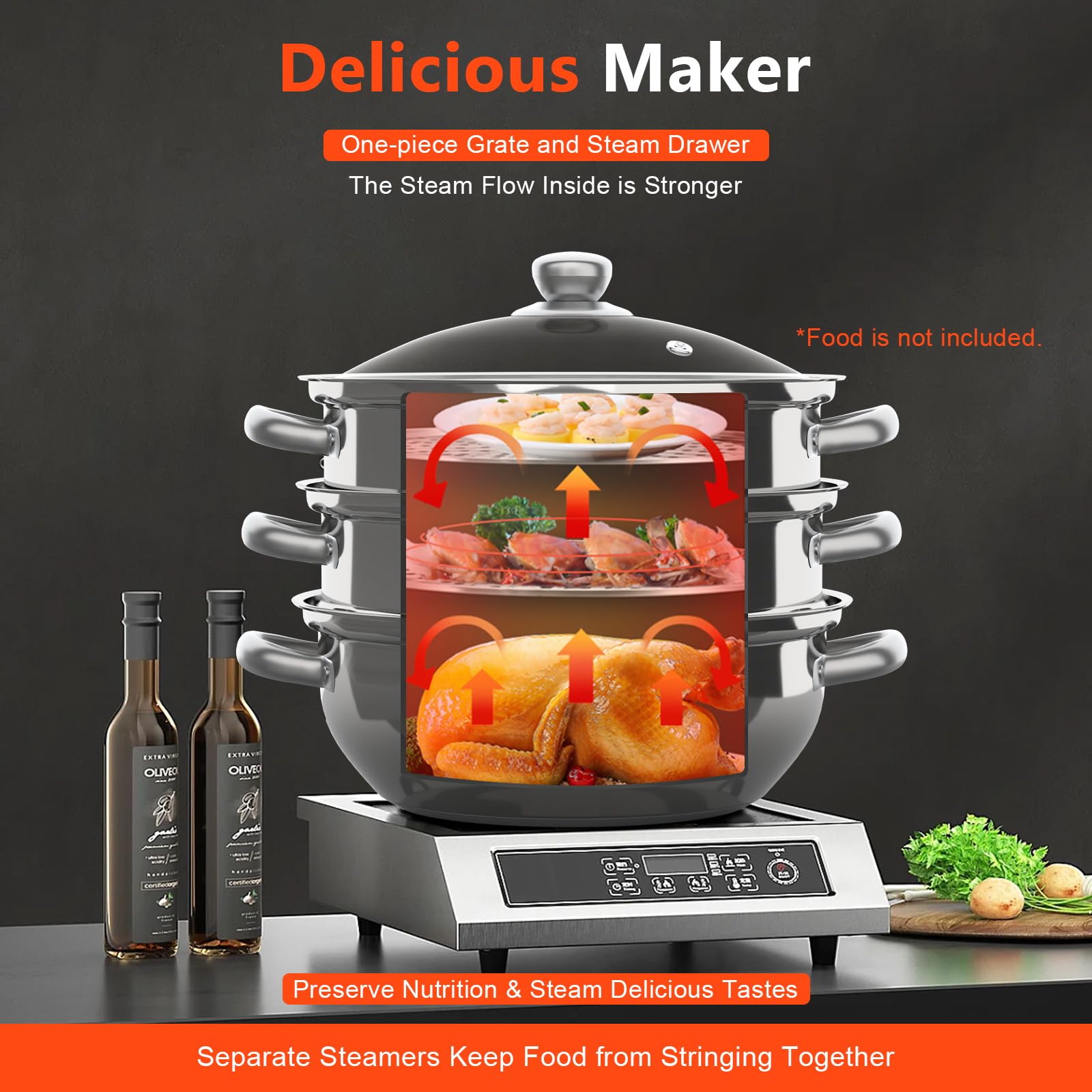 3-Tier Stainless Steel Steamer Pot with Lid - Vegetable & Meat Steamer Pan with Saucepan - Dumpling & Food Steamer Set with 1 Pot & 2 Steam Trays - Perfect for Home Cooking, Meal Prep & Asian Cuisine