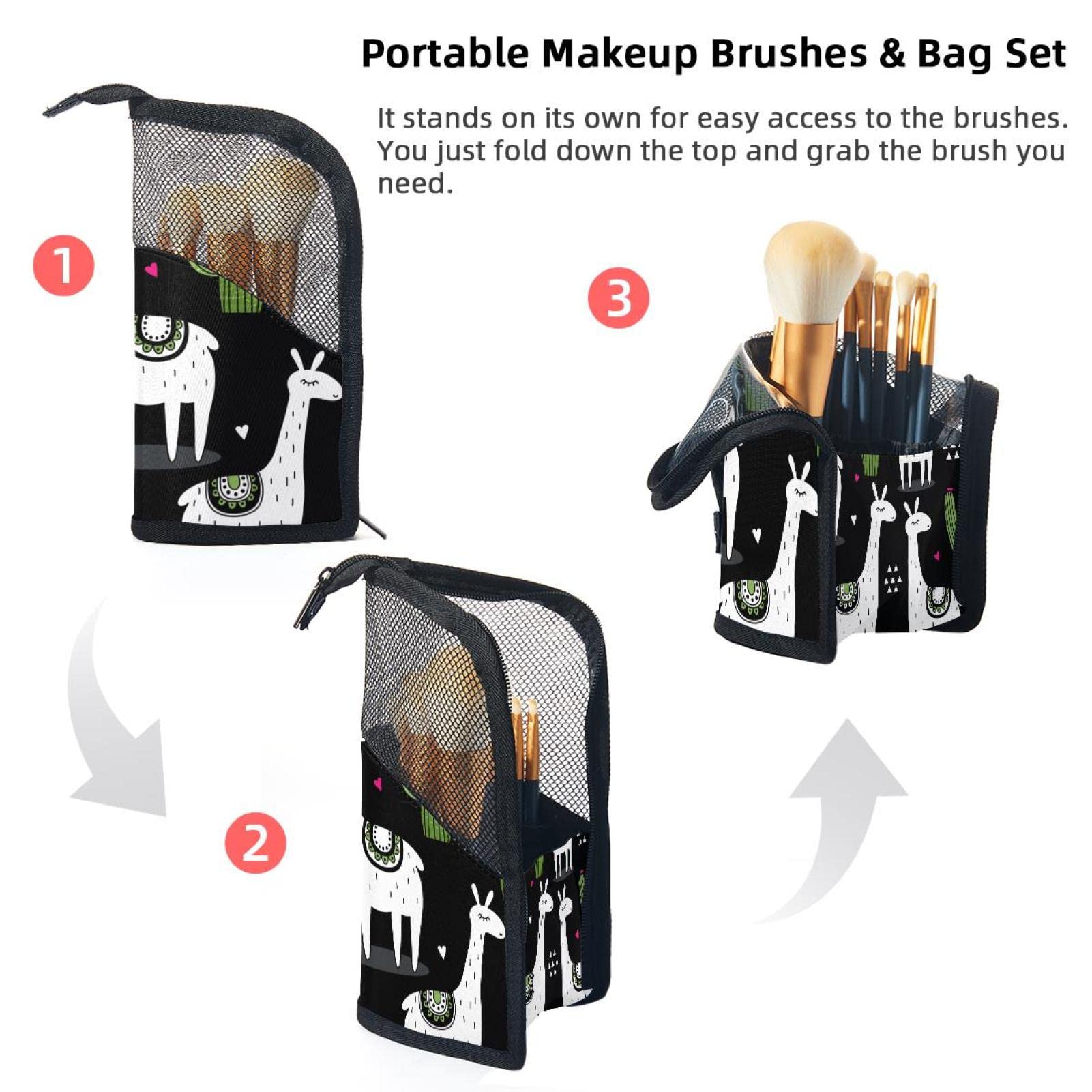 Portable Makeup Brush Organizer Bag with 12 Slots - Cute Llama & Alpaca Design - Travel-Friendly Cosmetic Brush Holder Case for Home & On-The-Go Makeup Organization