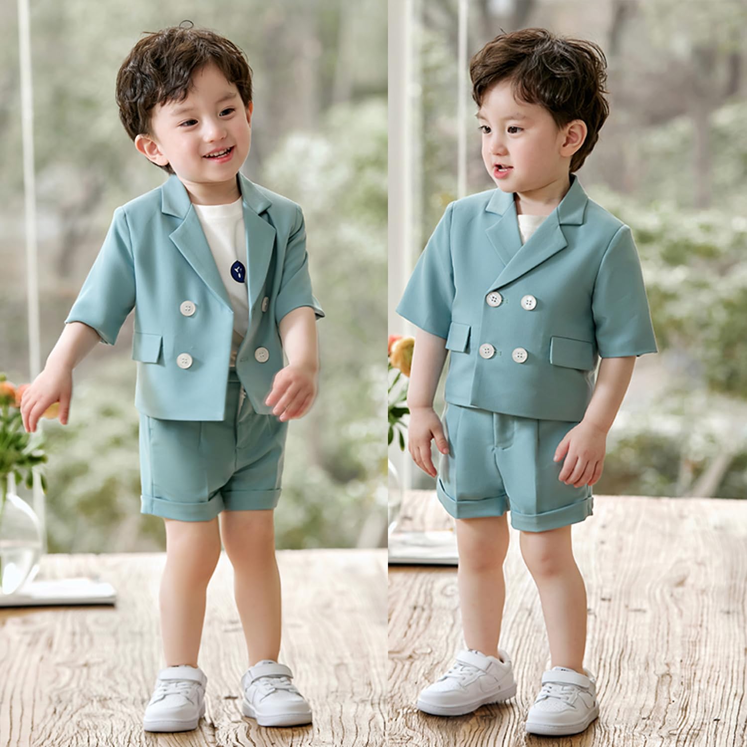 DRKOBR Boys' Short Suit Set - Notch Lapel Short Sleeve Jacket & Matching Shorts | Formal & Casual Tuxedo Outfit for Weddings, Parties & Special Occasions