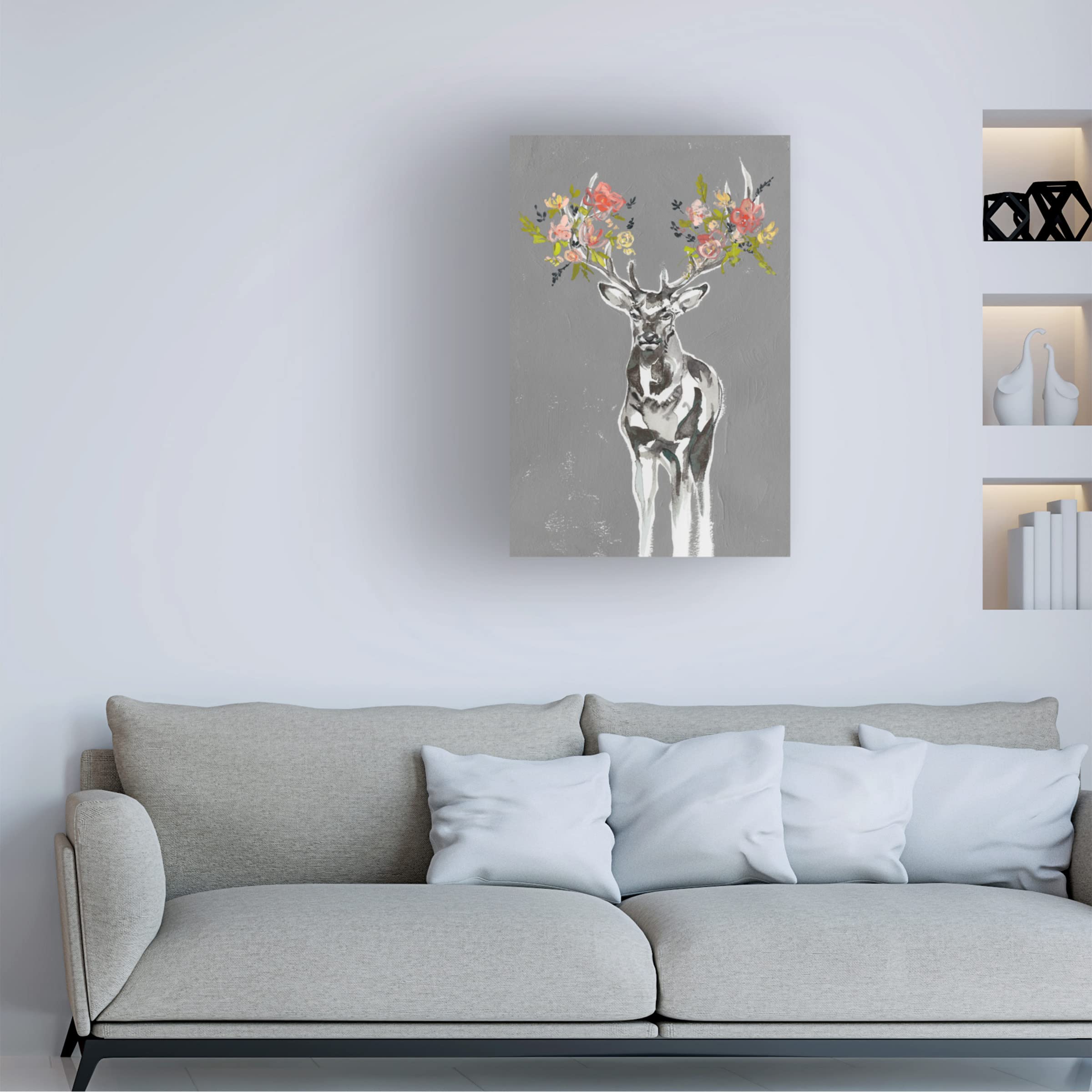 Jennifer Goldberger 'Deer And Flowers II' Canvas Wall Art Print - Nature Inspired Home Decor for Living Room, Bedroom & Office