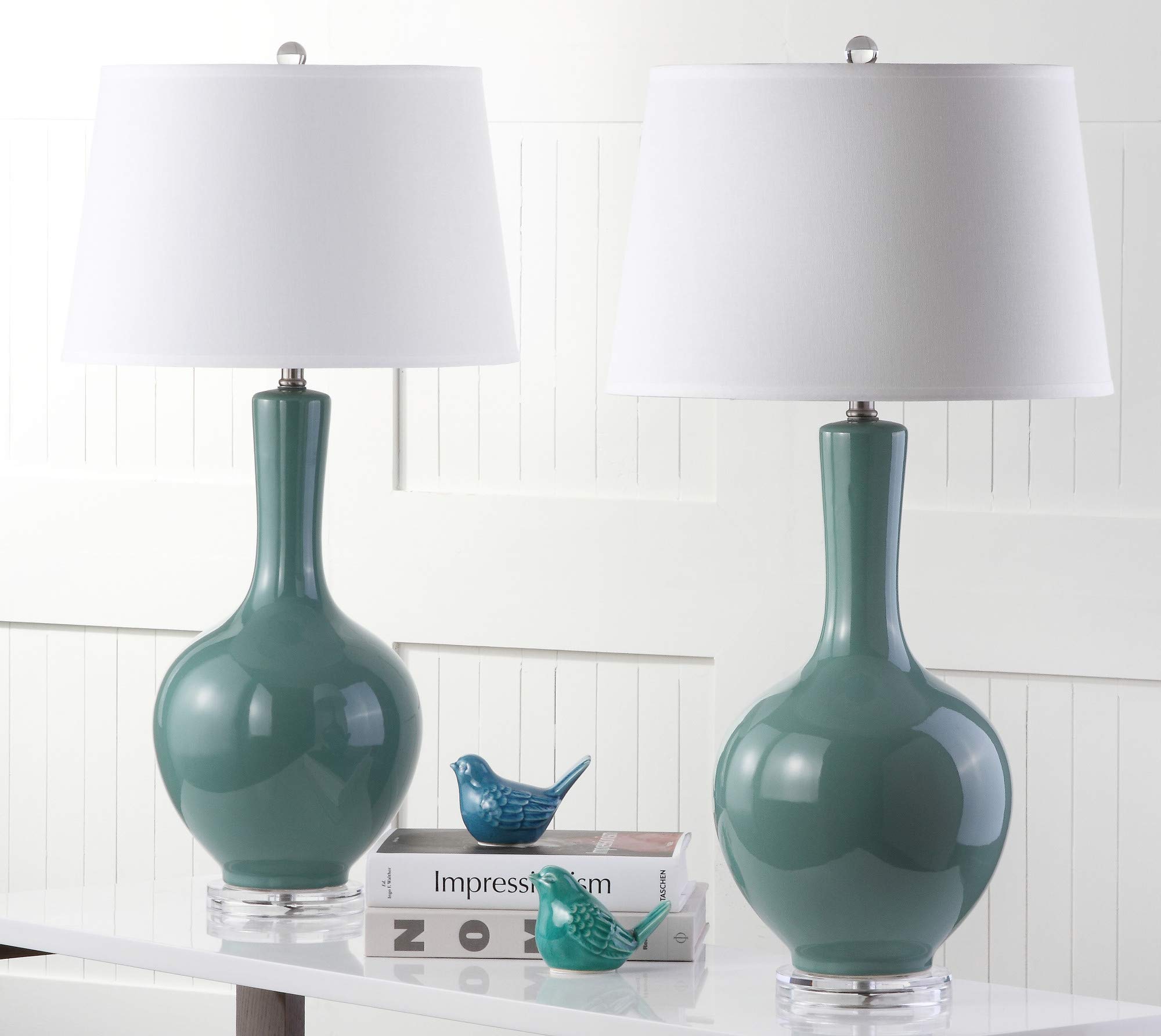 Safavieh Blanche Gourd Teal and White Table Lamp Set of 2 - Modern Ceramic Bedside Lamps for Living Room, Bedroom & Office Decor