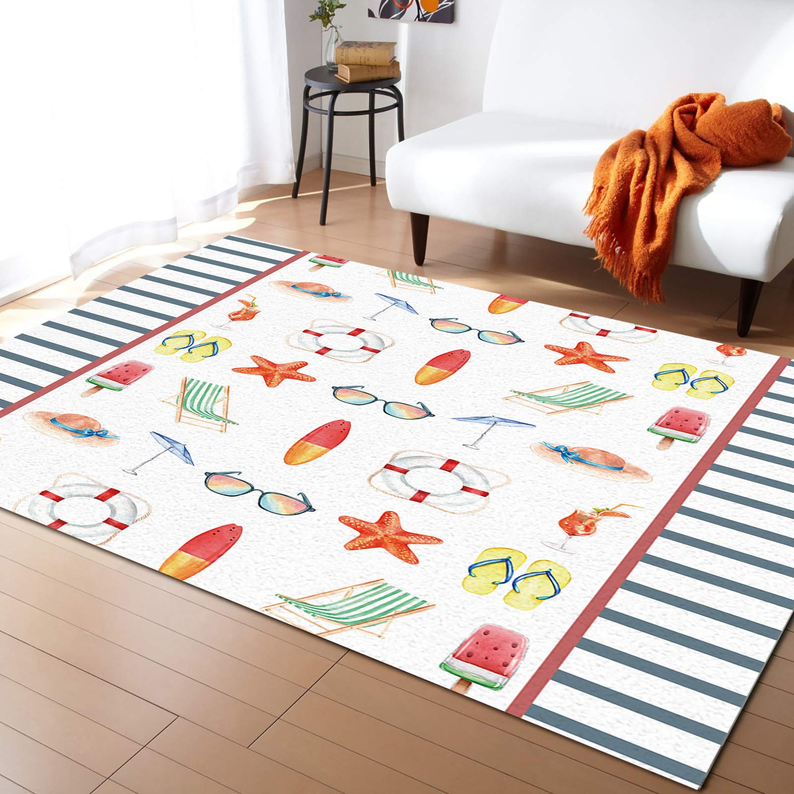 Non-Slip Blue Stripes Watercolor Summer Beach Area Rug - 5' x 7' Contemporary Indoor Floor Mat with Rubber Backing, Fade-Proof & Washable - Perfect for Living Room, Bedroom, and Coastal Decor | Ideal for Beach House, Vacation Rental, or Summer-Themed Home Décor