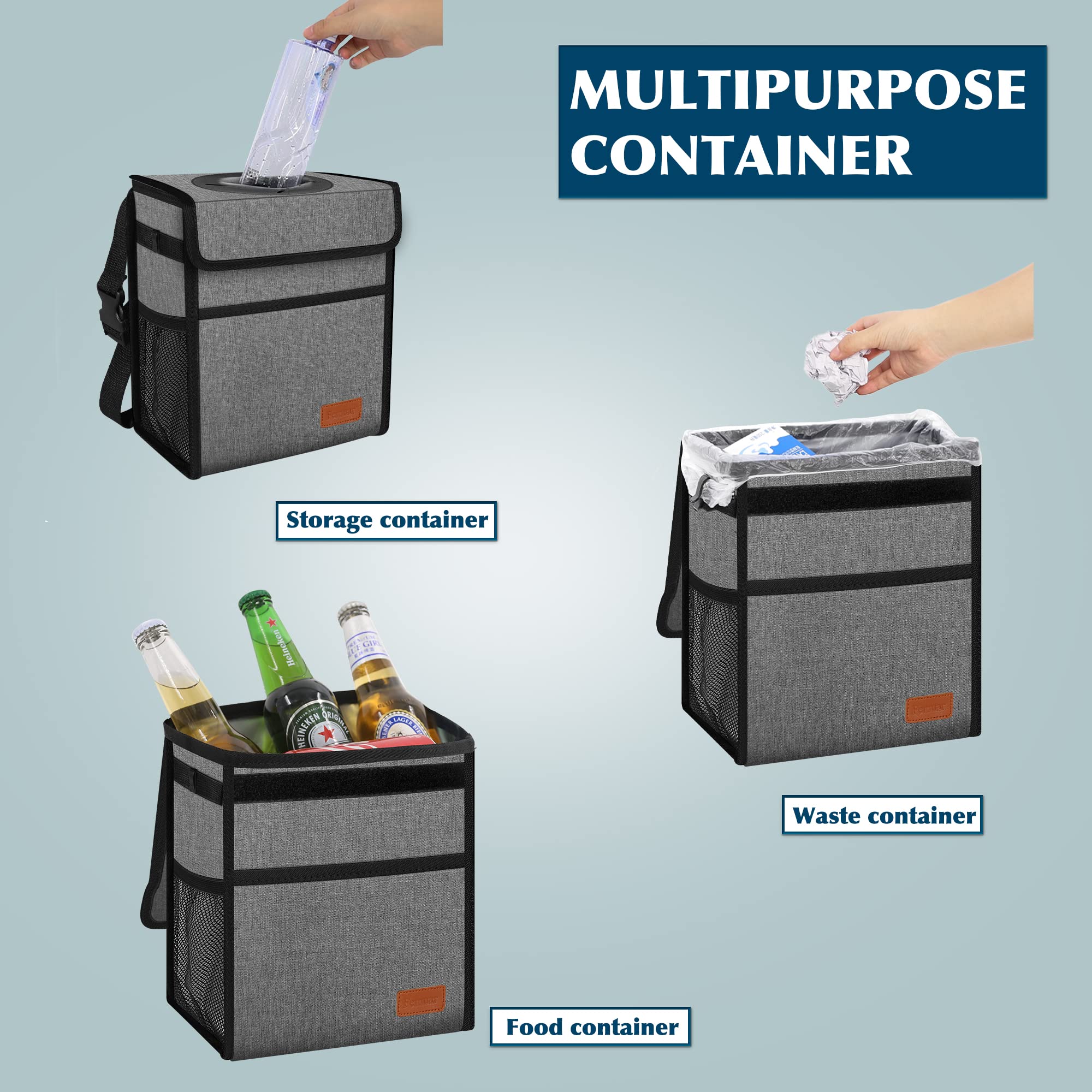Femuar Leak Proof Waterproof Car Trash Can with Lid - Collapsible Hanging Garbage Bag for SUV Front Seat, Portable Car Trash Organizer with Storage Mesh Pocket, Grey - Ideal for Road Trips, Commuting, and Family Travel