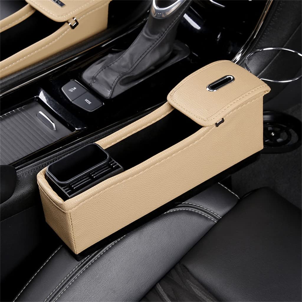 Premium Car Seat Gap Filler Organizer - 2 Pack Beige Console Side Pocket with Cup Holder | Perfect for Cellphone, Wallet, Keys & Cards | Ideal for Road Trips, Commuting & Family Travel