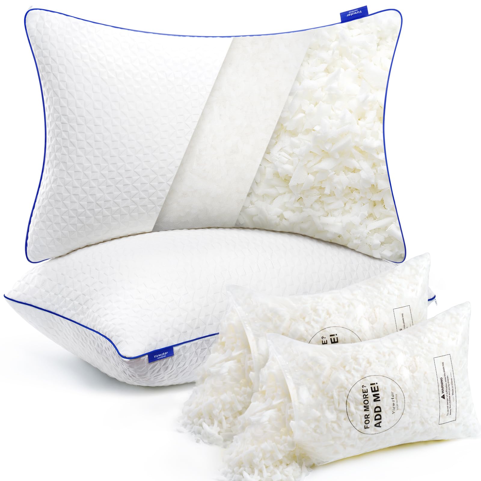 Viewstar King Size Pillows Set of 2 - Firm Shredded Memory Foam Adjustable Pillows for Side, Back & Stomach Sleepers - Washable Removable Cover - Perfect for Home, Bedroom & Guest Room Comfort