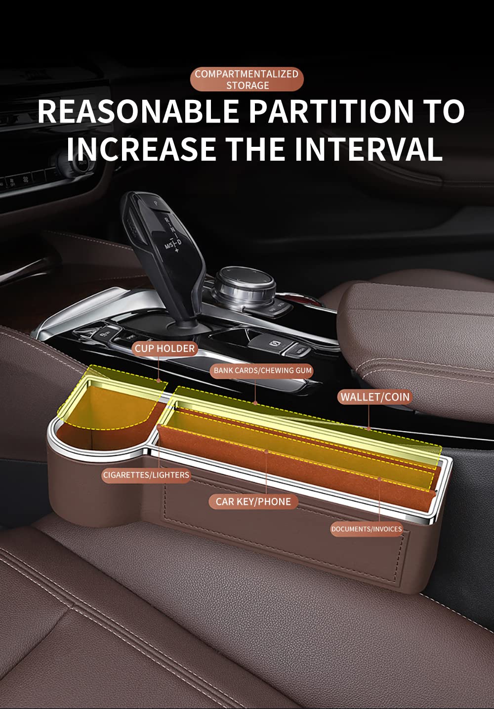 Ontto Universal Car Seat Gap Filler Storage Organizer with Cup Holders - Front Seat Console Pocket for Phones & Essentials - Perfect for Sedans, SUVs & Trucks (White, Right Side)