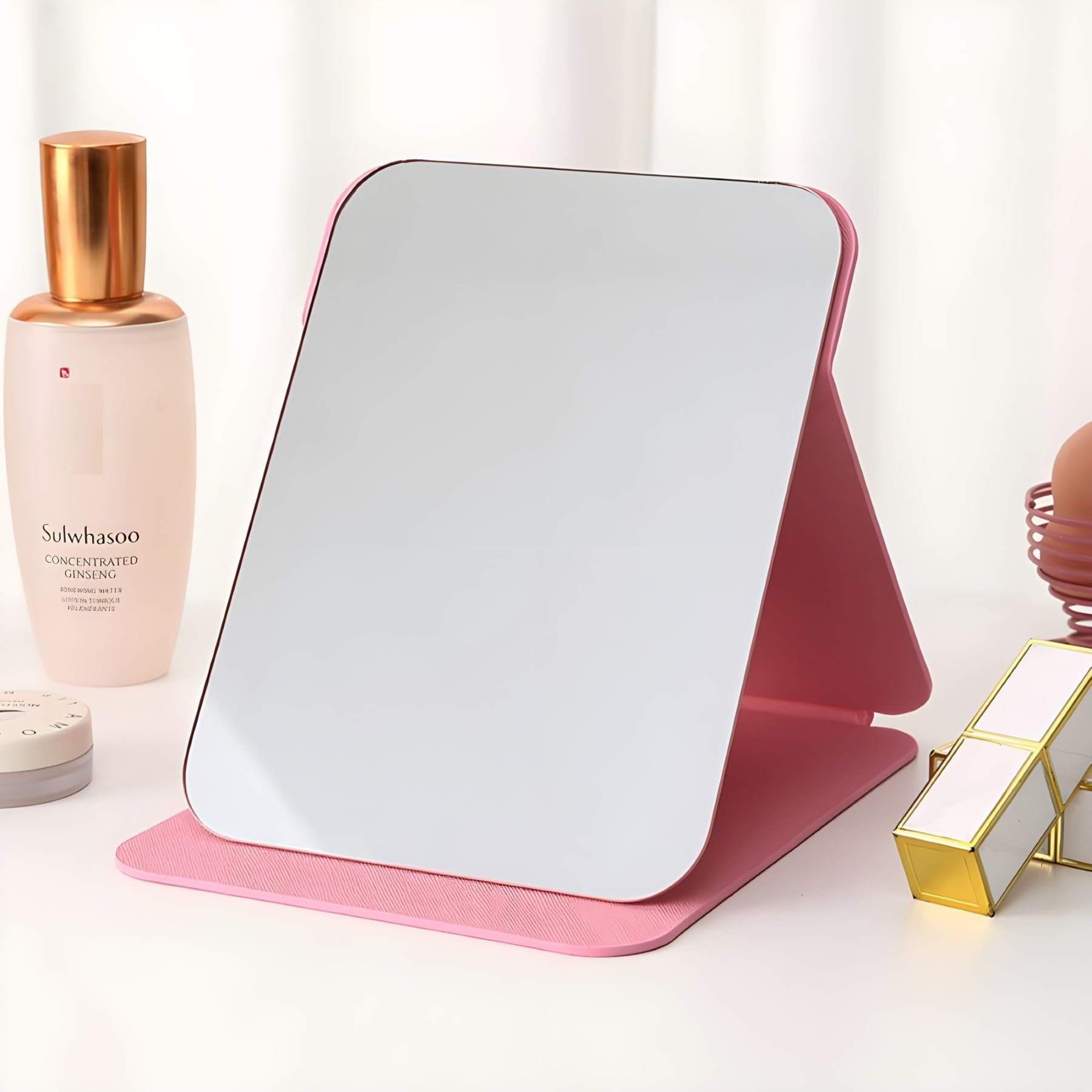 VELINEX Portable Folding Makeup Mirror with Adjustable Angle - Compact Travel Mirror for Vanity, Bathroom & Dressing Table - Single Sided Round Edge Design (Pink) | Perfect for Home Use, Travel & Gift Giving