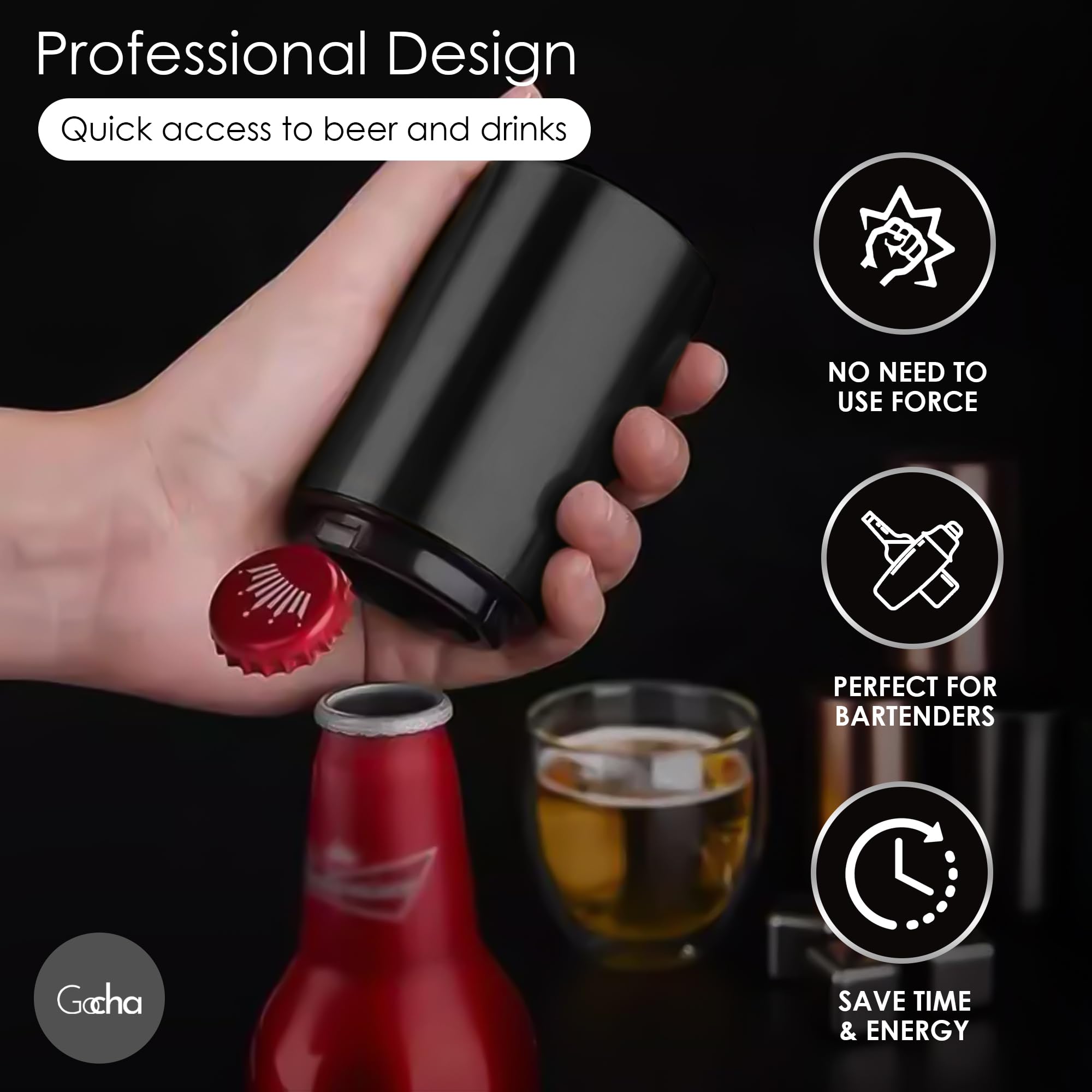 Magnetic Bottle Opener - Automatic Push & Pull Beer Cap Opener with Stainless Steel Catcher - Pack of 1 (Black) - Perfect for Home Bars, Kitchens, Camping & Outdoor Parties