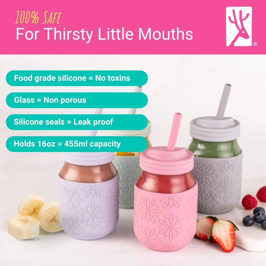 Elk and Friends 16 oz Mason Jar Cups with Lids & Silicone Straws | 4-Pack Reusable Drinking Glasses for Smoothies, Iced Coffee, Oatmeal Storage | BPA-Free Pint Jars Perfect for Home, Office, Picnics & Meal Prep