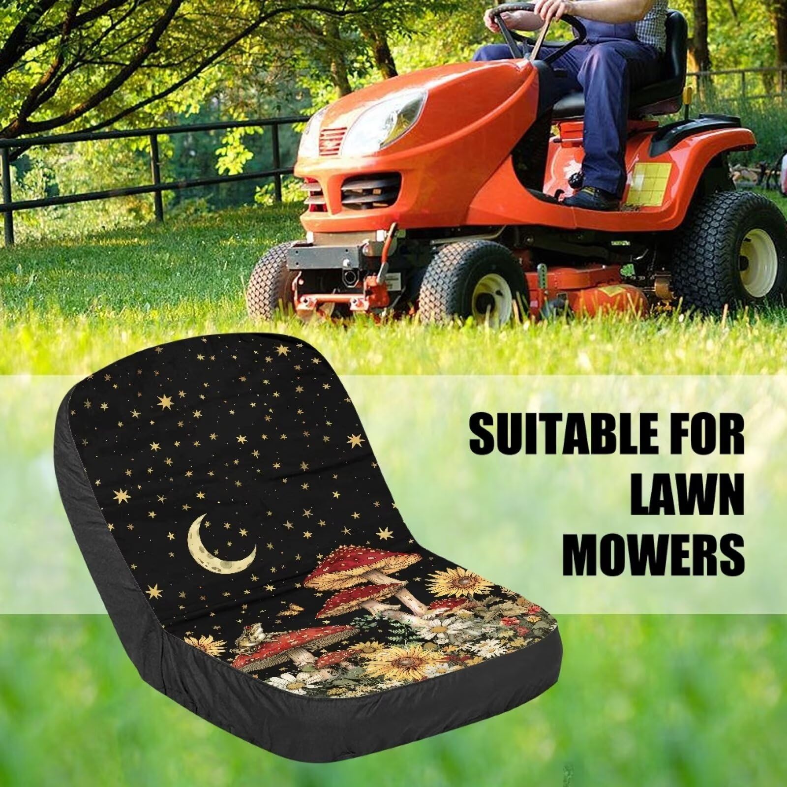 Heavy Duty Tractor Seat Cover - Comfortable Cushioned Agricultural & Industrial Vehicle Seat Cushion Cover with Mushroom Moon Print | Durable for Farming, Construction & Outdoor Work