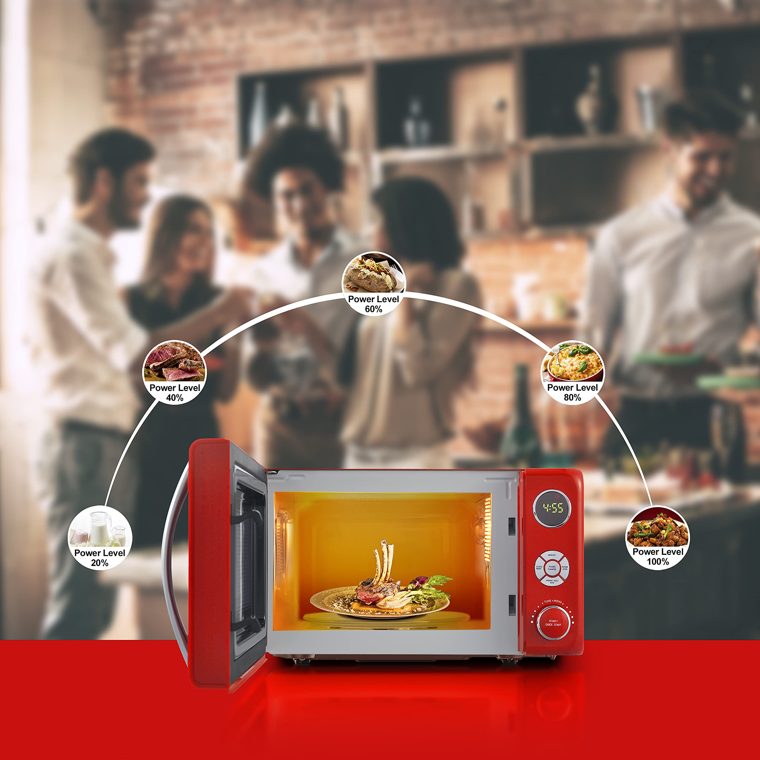 Galanz GLCMKA07RDR-07 0.7 Cu.Ft Compact Microwave Oven with LED Lighting, Pull Handle & Child Lock - Retro Red Design for Small Kitchens, Dorms & Office Break Rooms