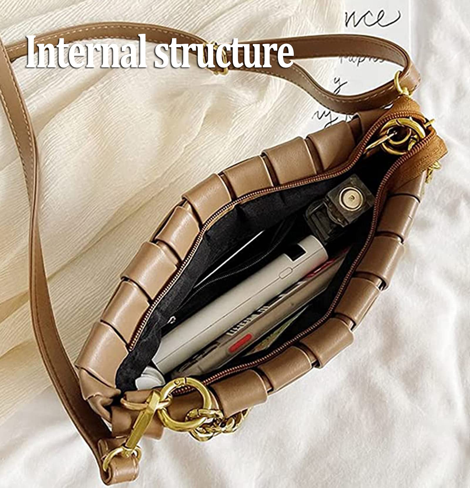Women's Braided Shoulder Bag - Woven Crossbody Purse with Chain & 2 Removable Straps | Stylish Satchel Clutch for Casual Outings, Travel & Everyday Use