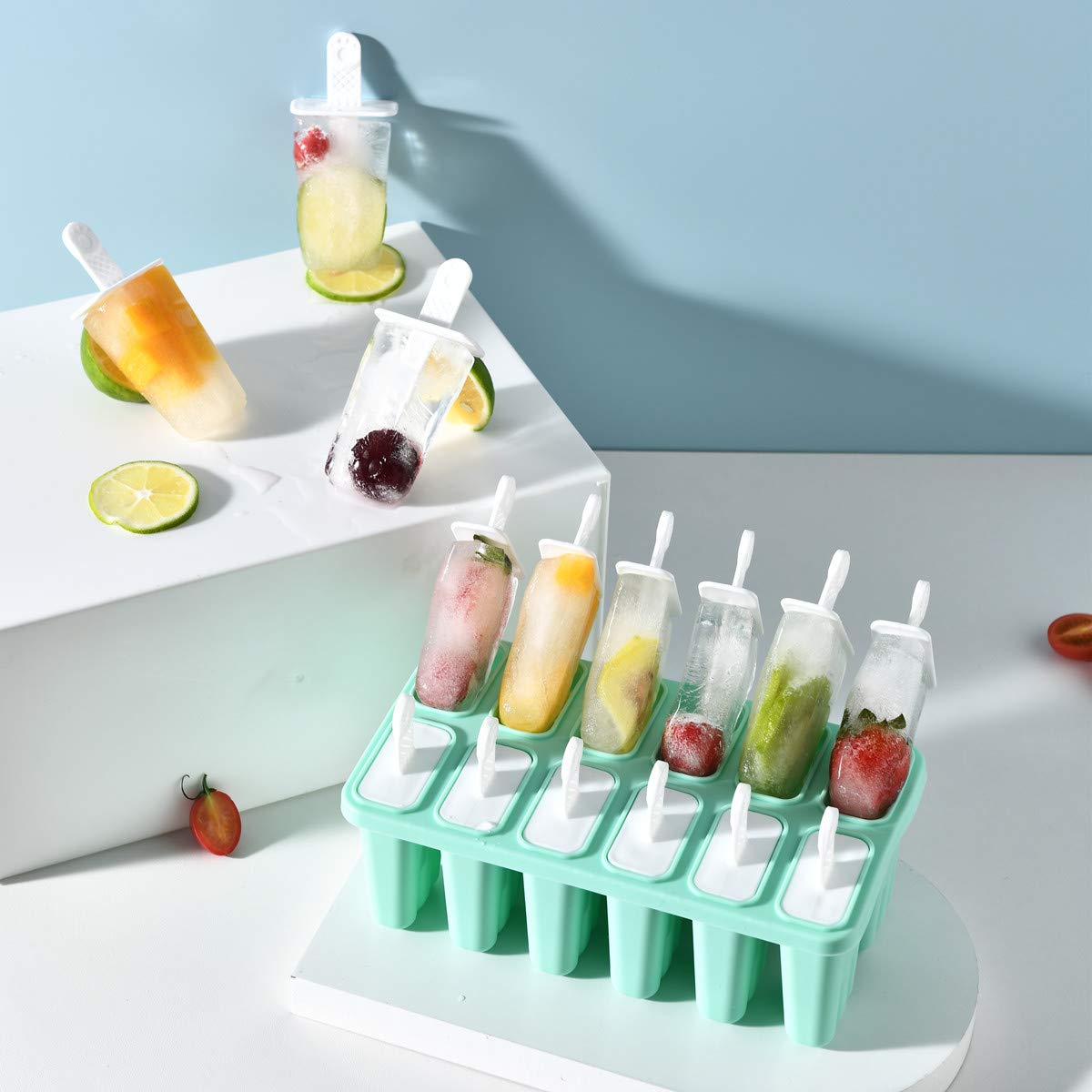12-Piece Reusable Silicone Popsicle Molds Set with 16 Sticks, Funnel & Brush - Easy Release DIY Ice Pop Maker for Kids & Summer Treats - BPA-Free, Dishwasher Safe (Green) - Perfect for Family Fun, Parties & Healthy Snacks